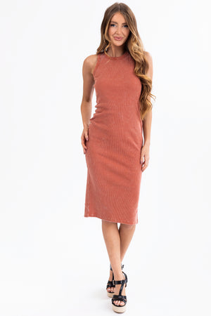 Rust Washed Ribbed Knit Midi Tank Dress