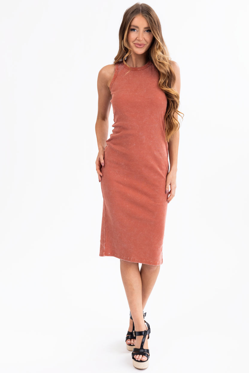 Rust Washed Ribbed Knit Midi Tank Dress