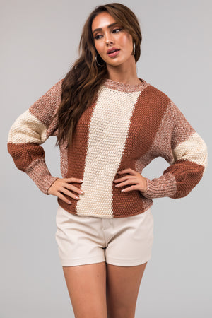 Rust and Cream Colorblock Chunky Knit Sweater