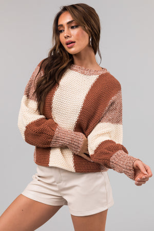 Rust and Cream Colorblock Chunky Knit Sweater