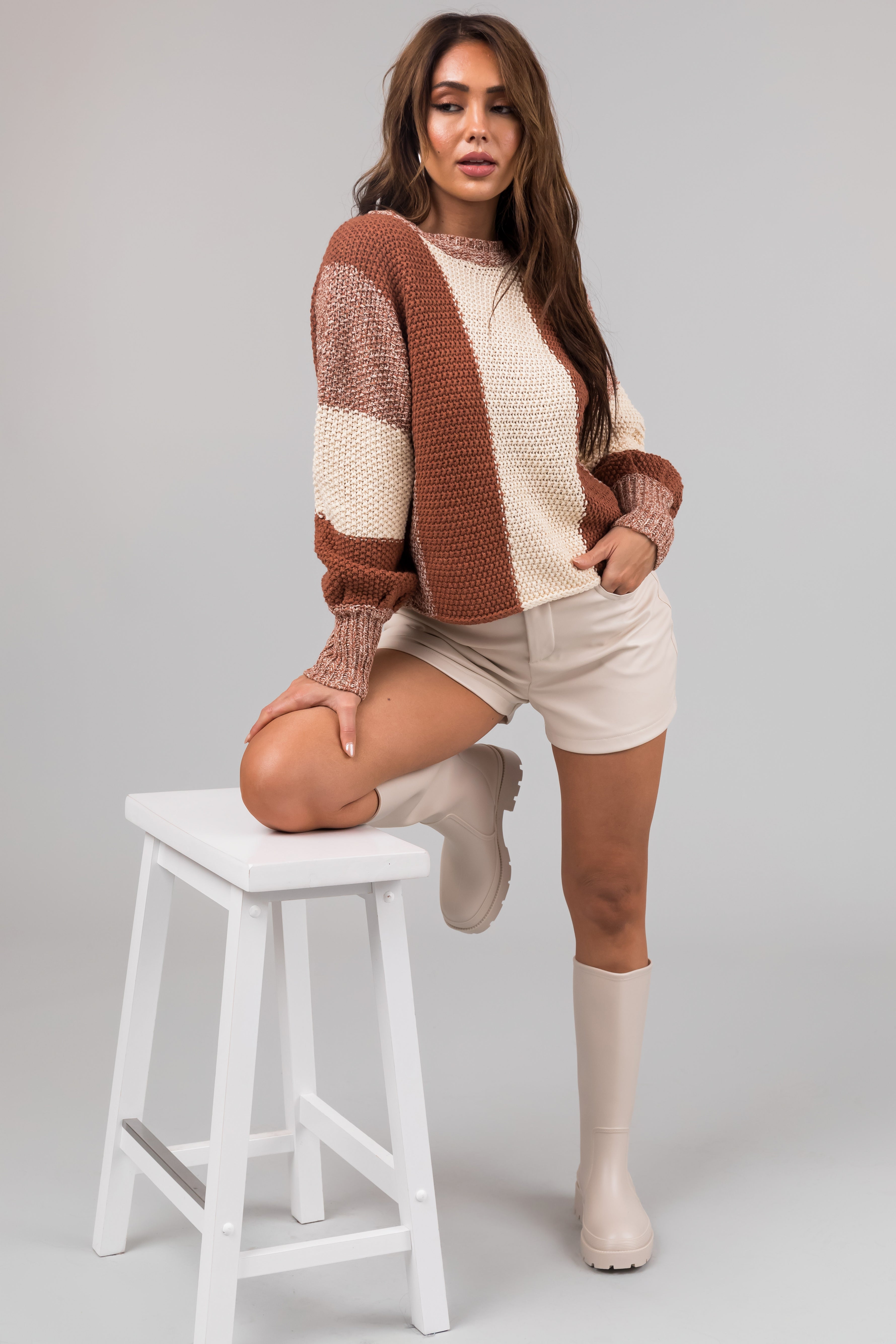 Rust and Cream Colorblock Chunky Knit Sweater