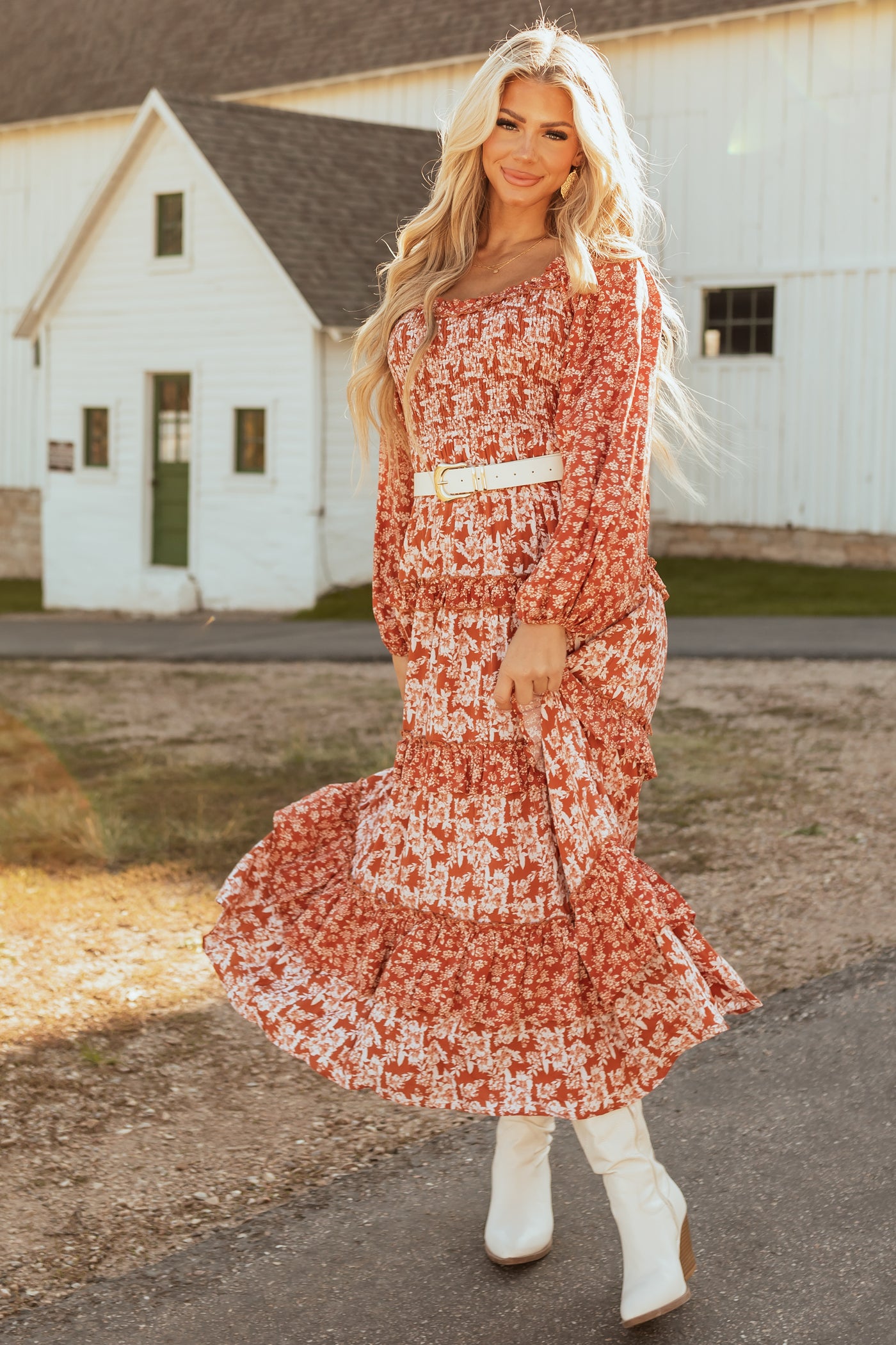 Rust Floral Print Tiered Ruffle Maxi Dress