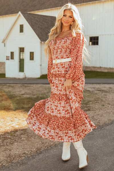 Rust Floral Print Tiered Ruffle Maxi Dress