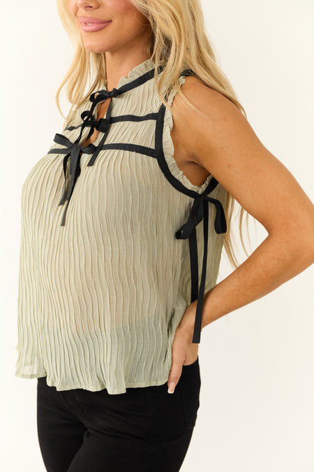 Sage Contrast Bows Plisse Sleeveless Top