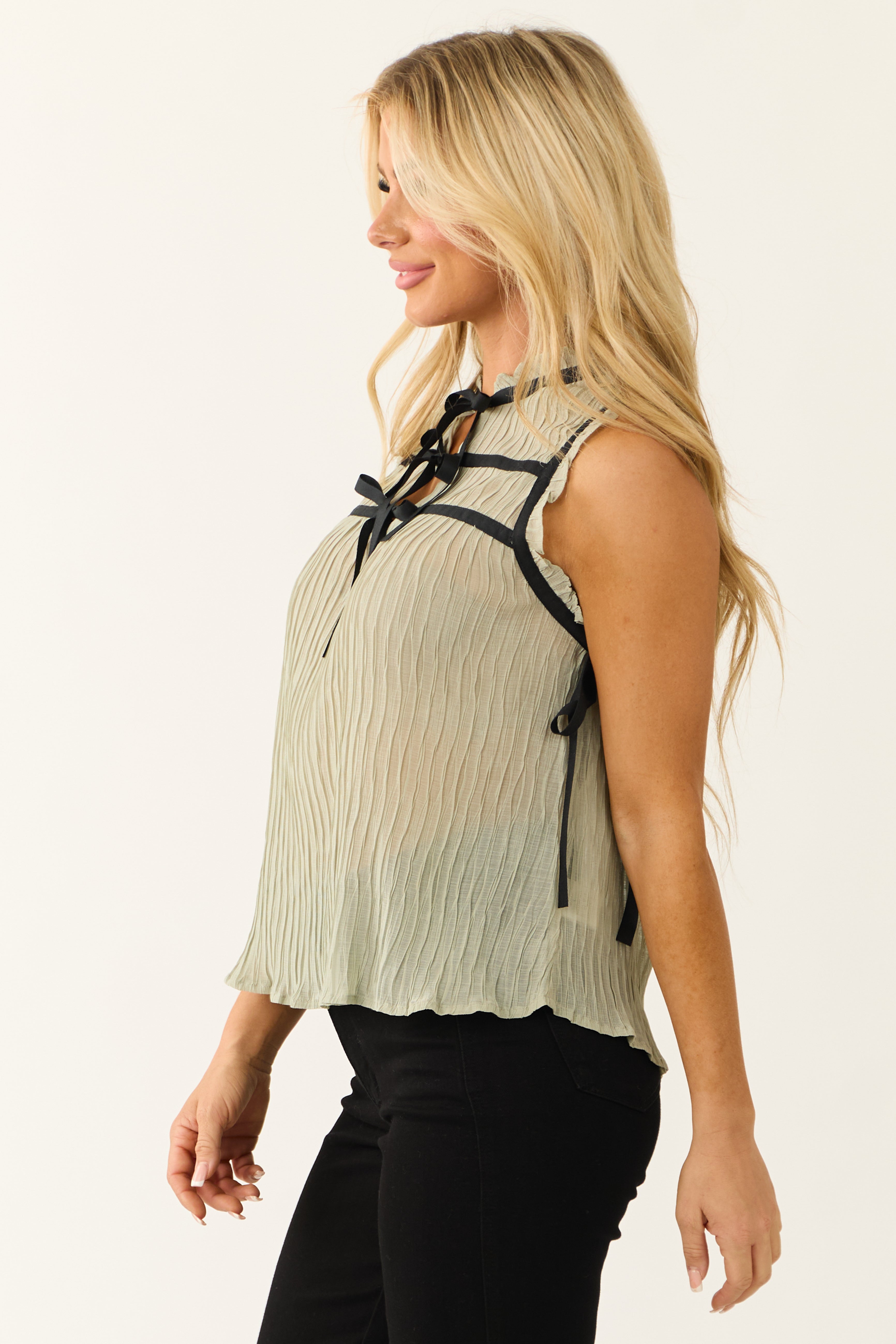 Sage Contrast Bows Plisse Sleeveless Top