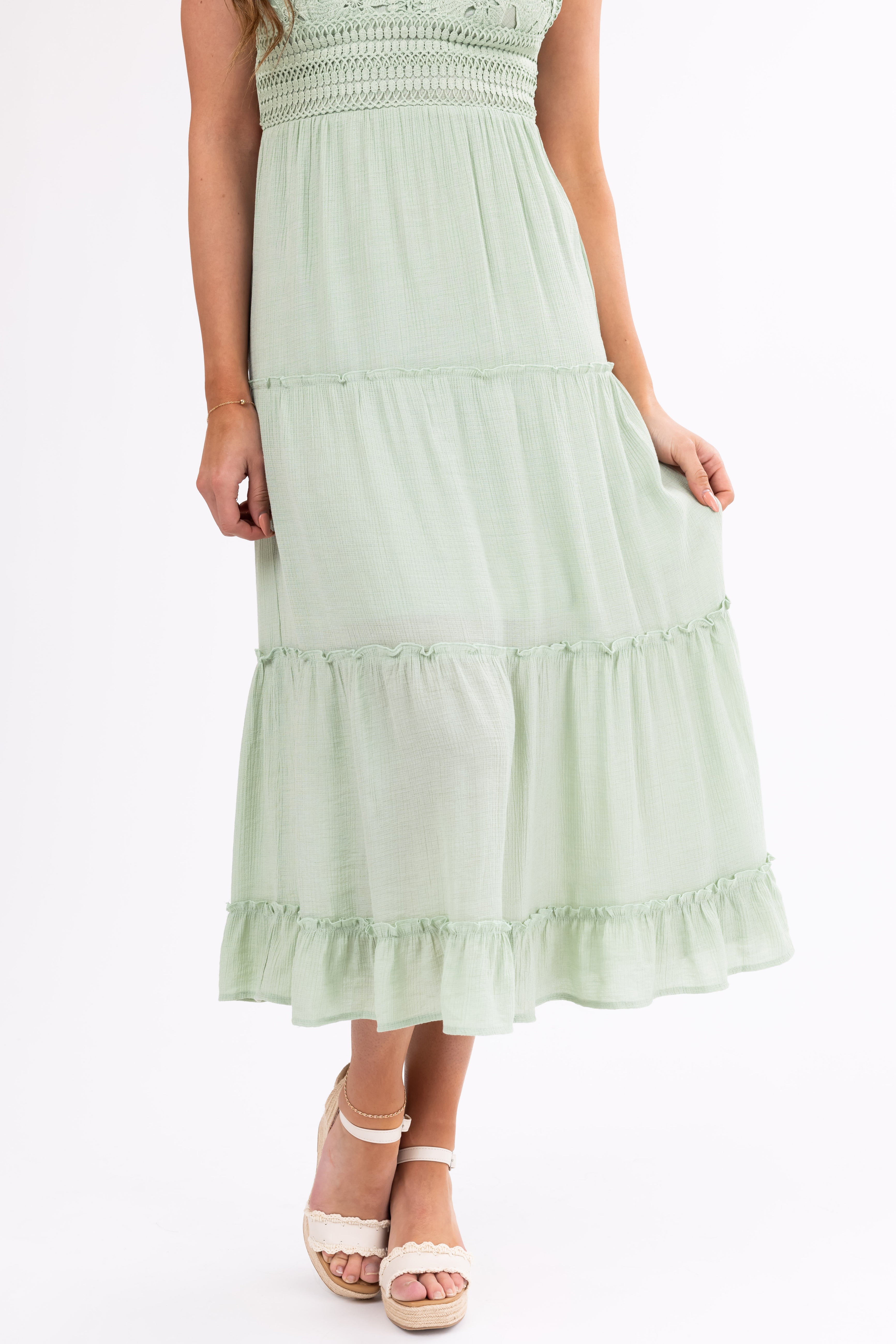 Sage Crochet Bodice Tiered Midi Dress