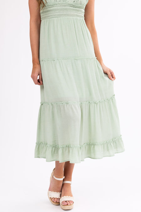 Sage Crochet Bodice Tiered Midi Dress