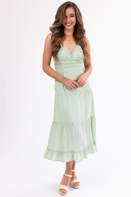 Sage Crochet Bodice Tiered Midi Dress