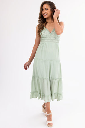 Sage Crochet Bodice Tiered Midi Dress