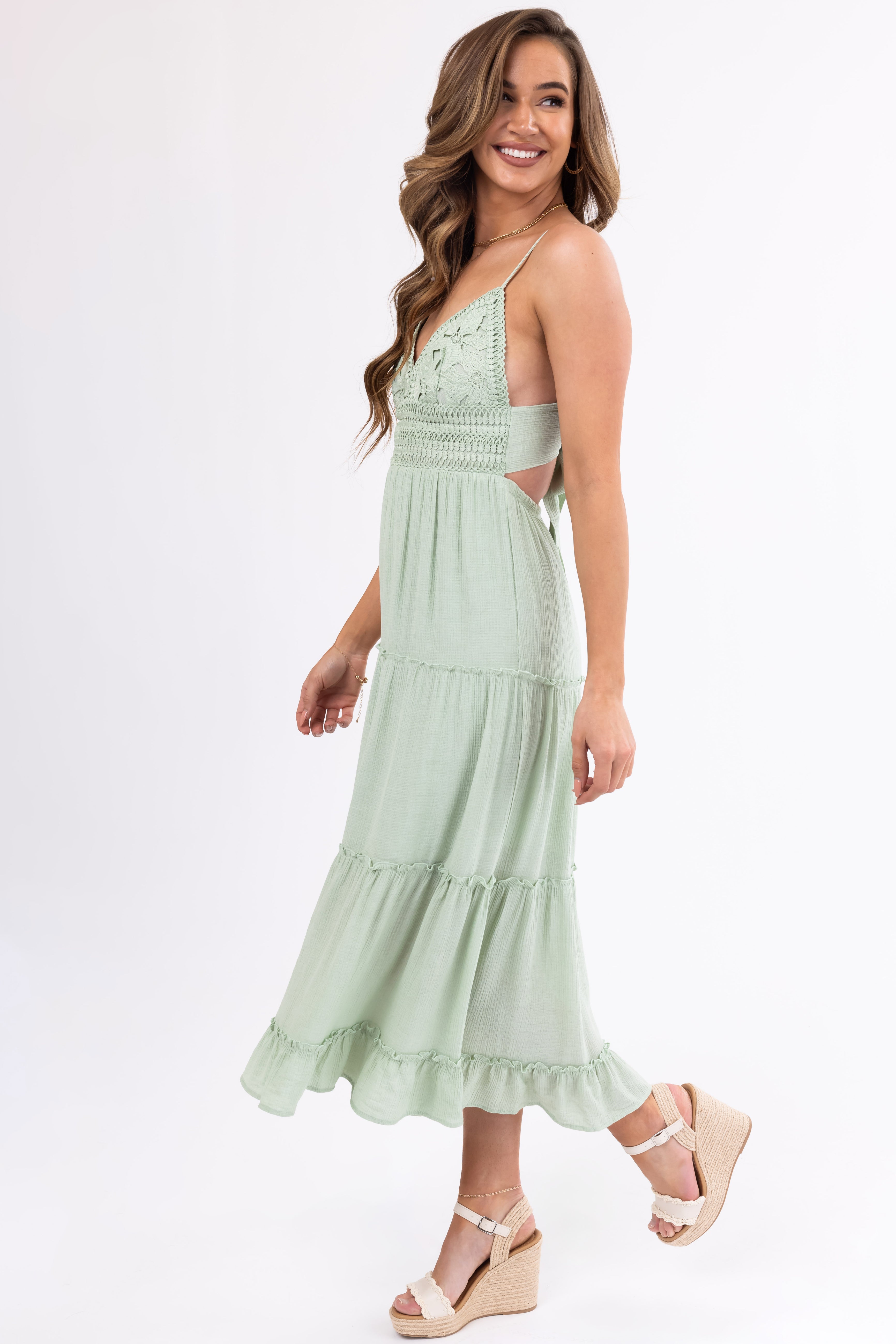 Sage Crochet Bodice Tiered Midi Dress