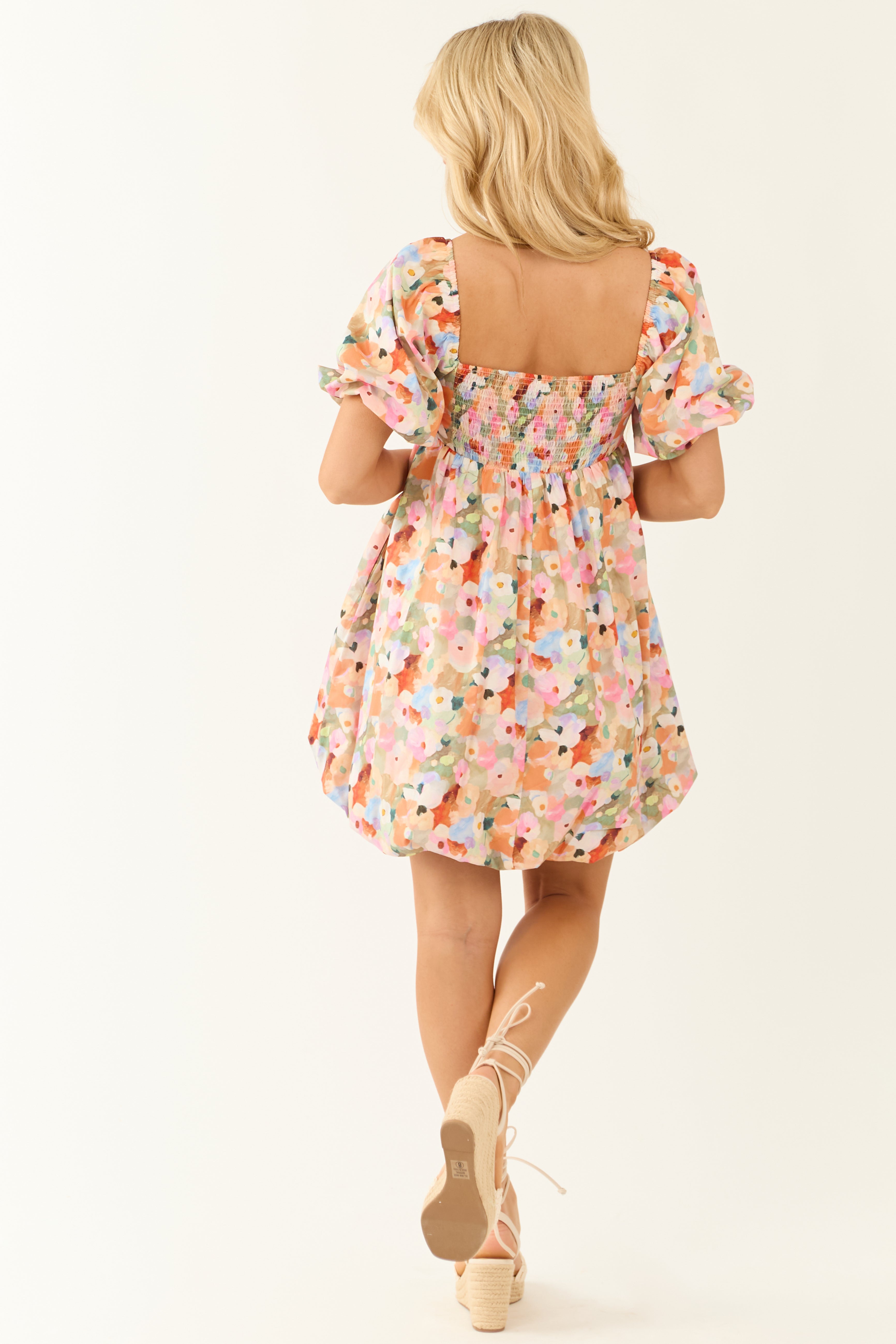 Sage Floral Print Bubble Half Sleeve Mini Dress