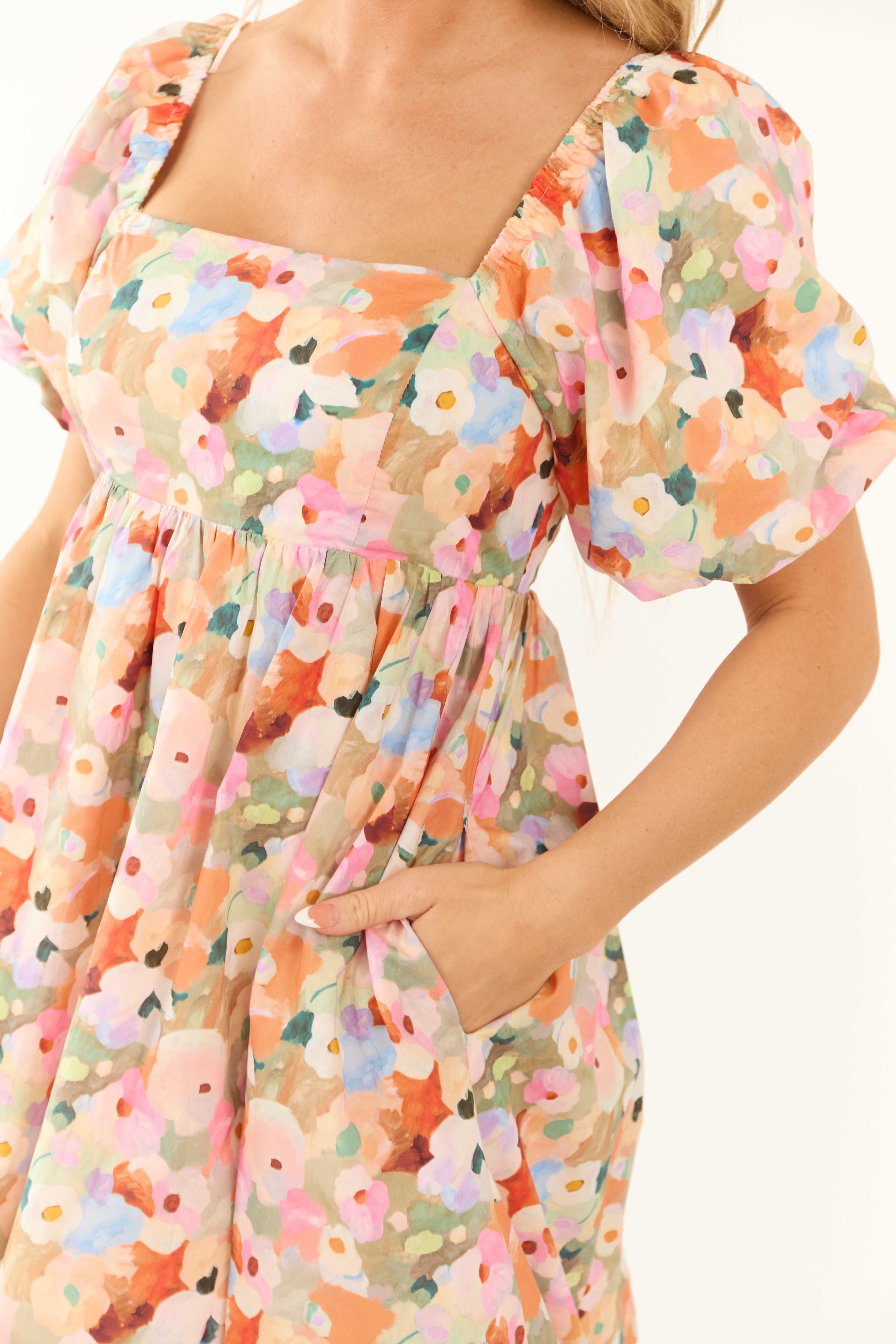 Sage Floral Print Bubble Half Sleeve Mini Dress