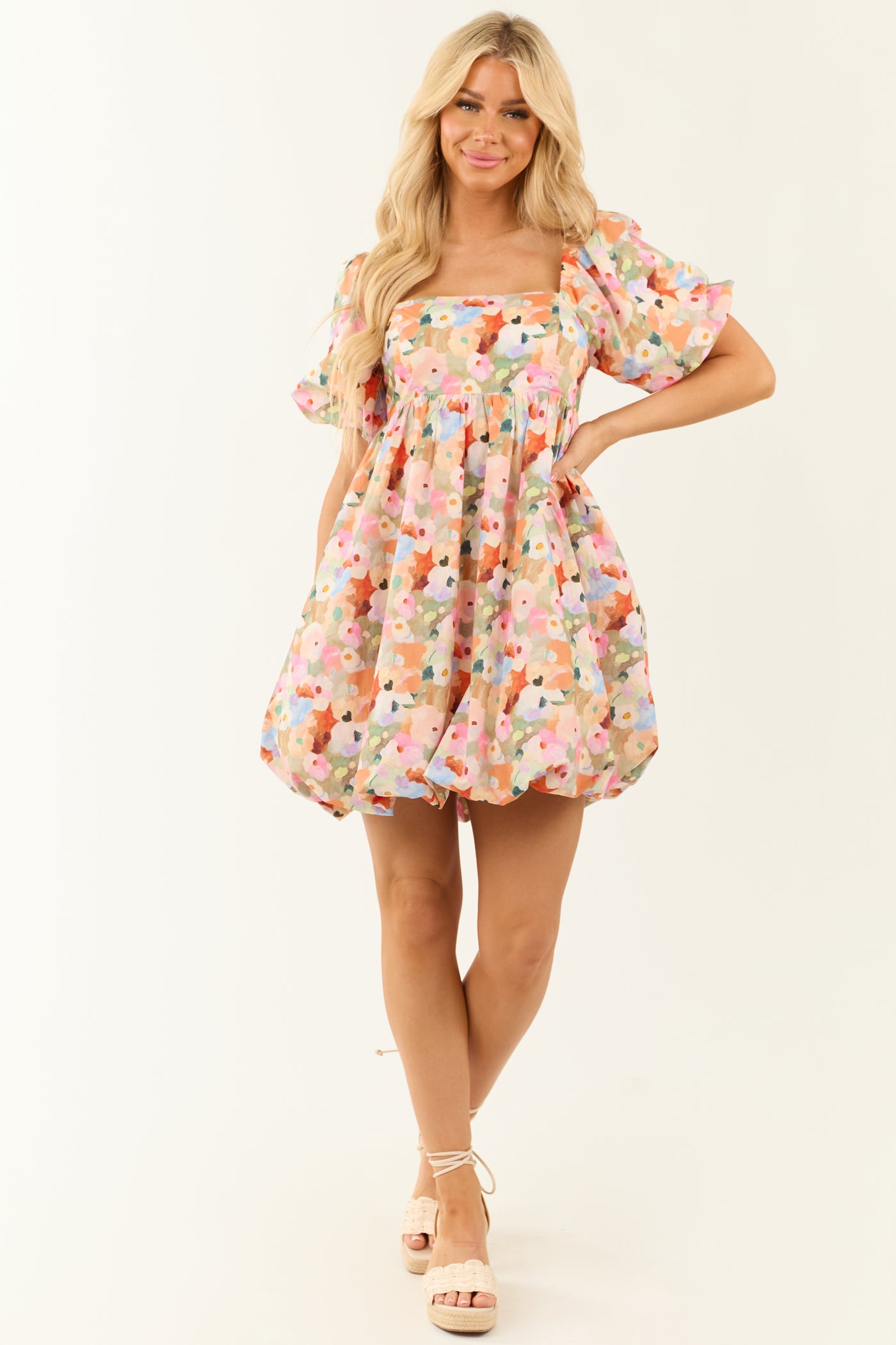 Sage Floral Print Bubble Half Sleeve Mini Dress