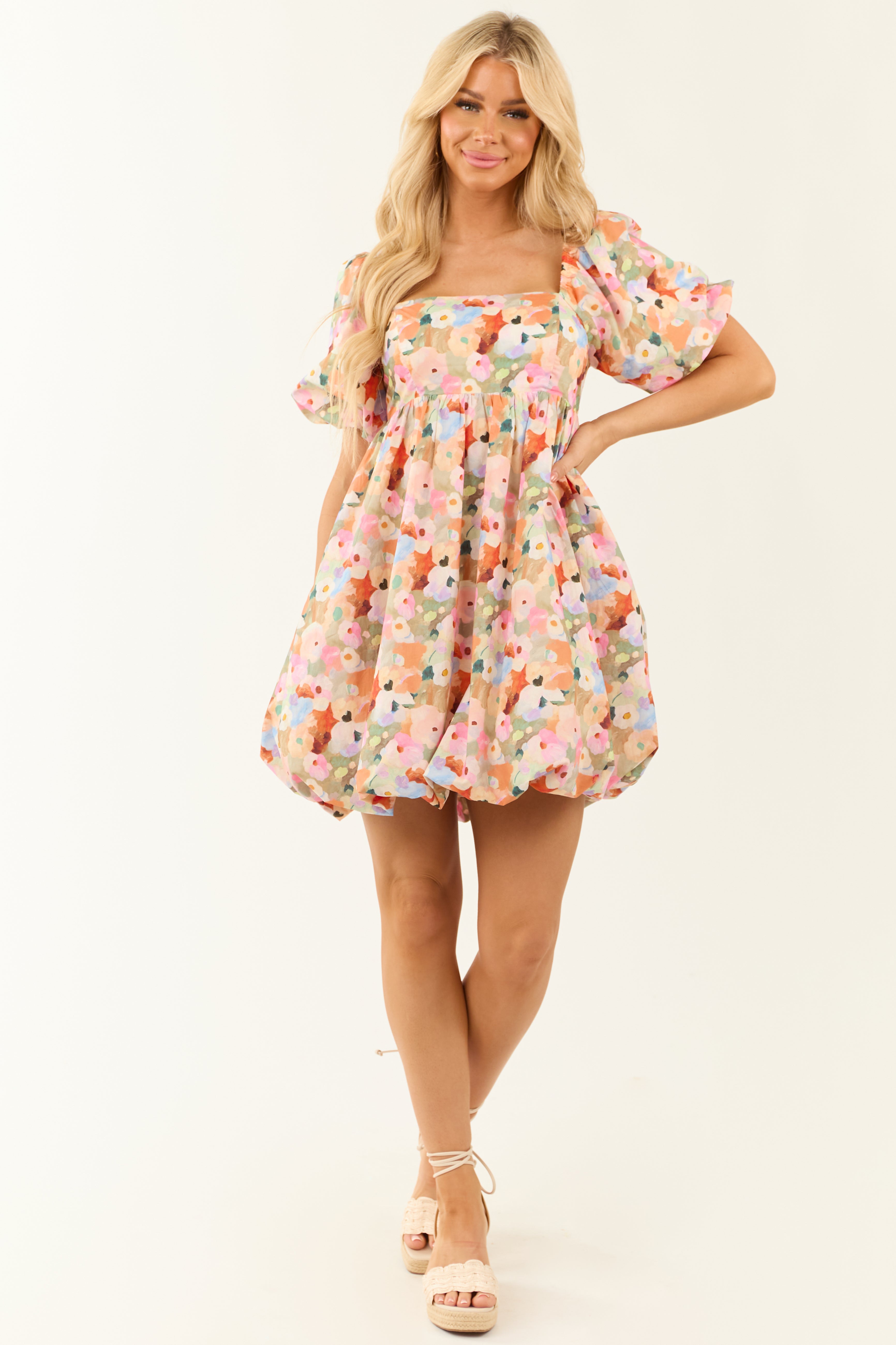 Sage Floral Print Bubble Half Sleeve Mini Dress