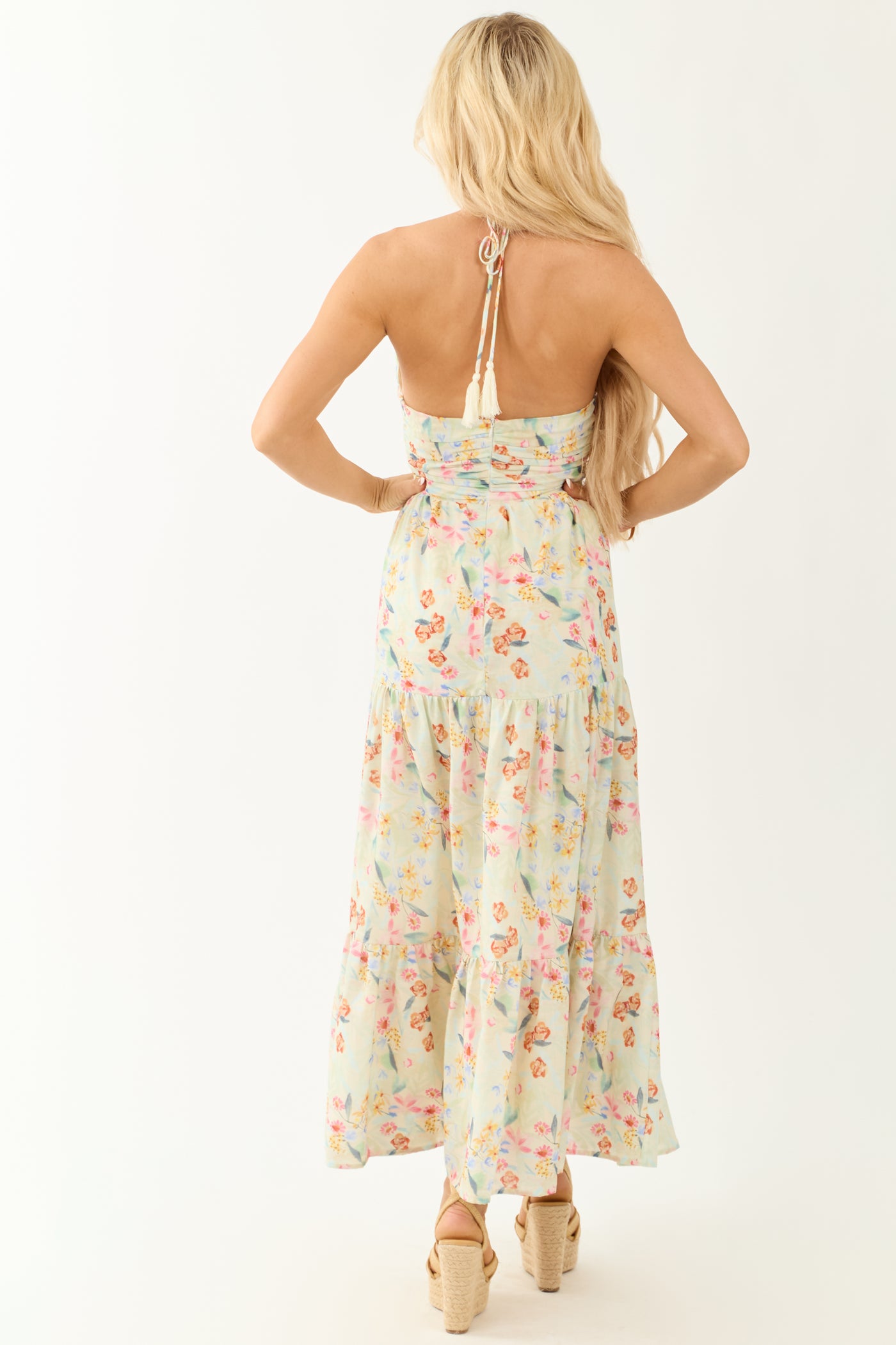 Sage Floral Print Halter Neck Sleeveless Maxi Dress