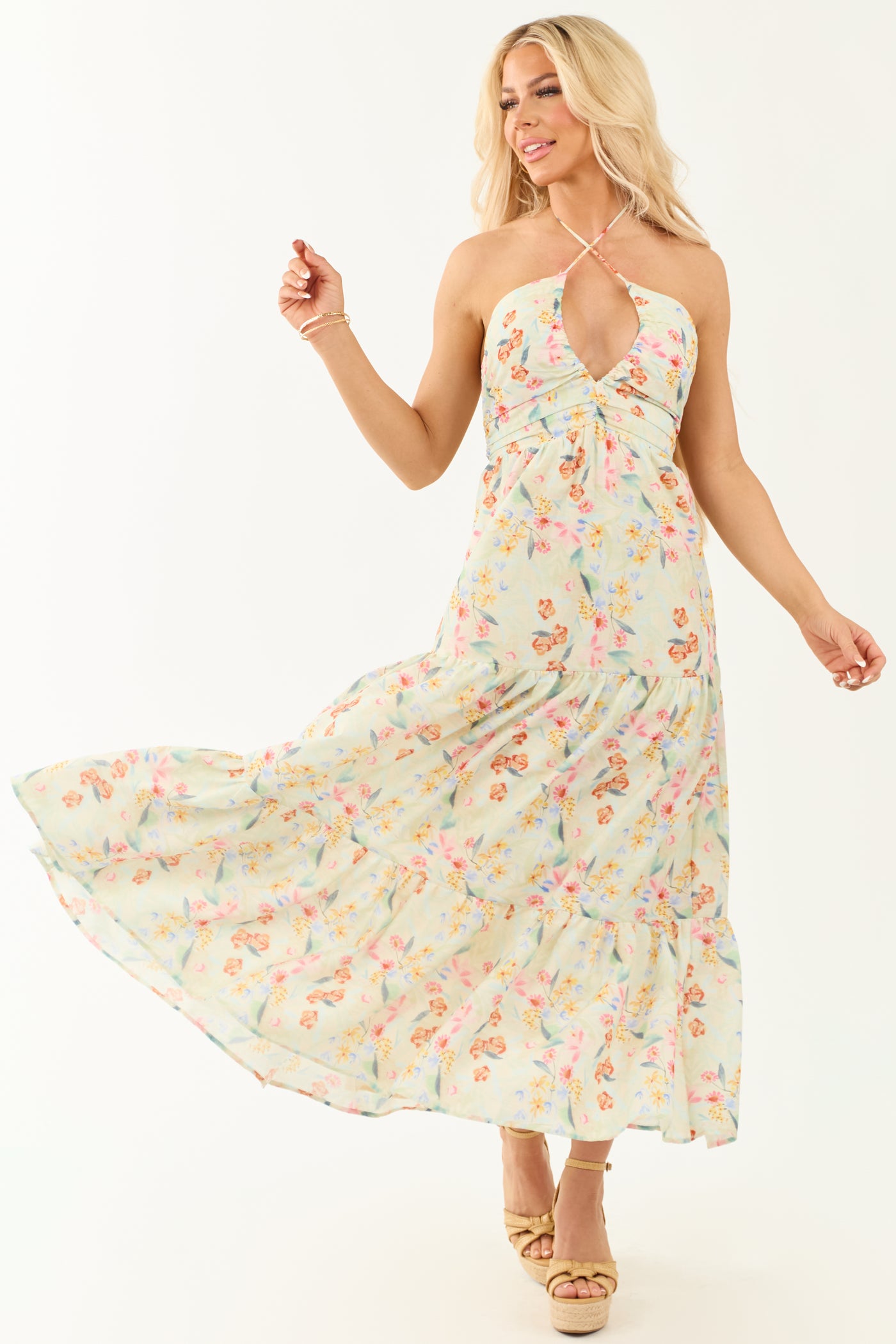 Sage Floral Print Halter Neck Sleeveless Maxi Dress