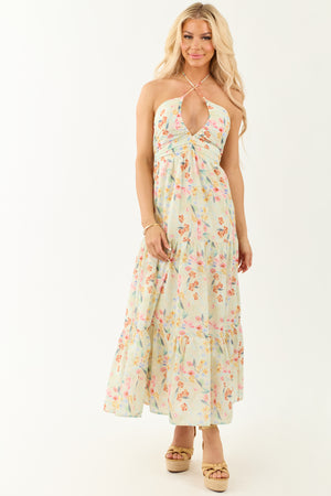 Sage Floral Print Halter Neck Sleeveless Maxi Dress