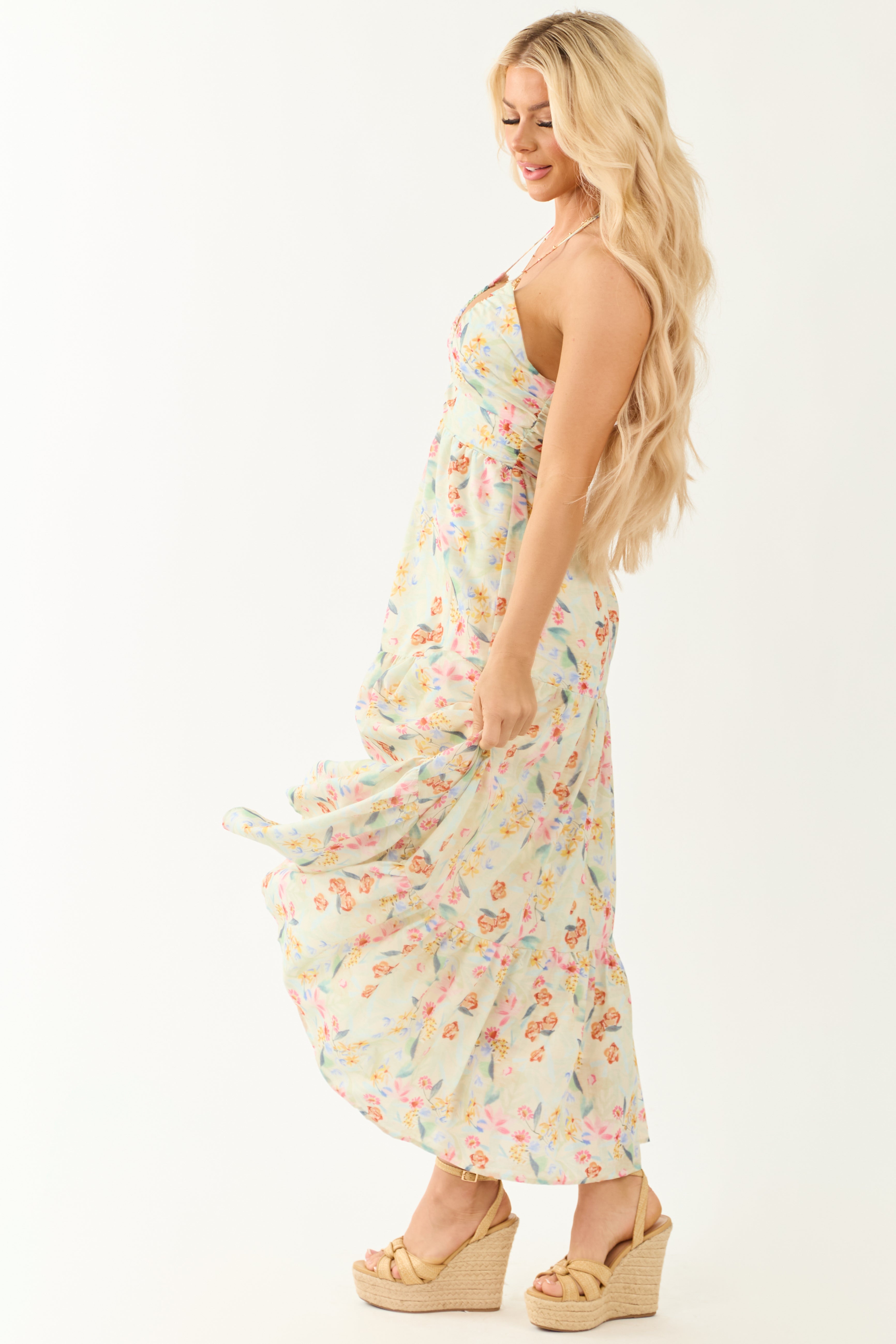 Sage Floral Print Halter Neck Sleeveless Maxi Dress