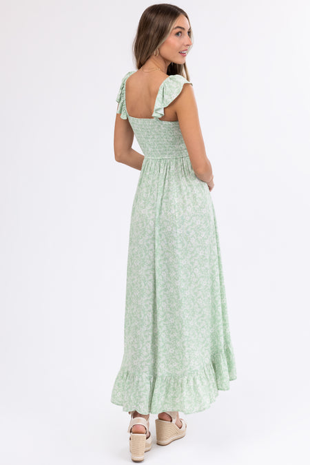 Sage Floral Print High Low Maxi Dress