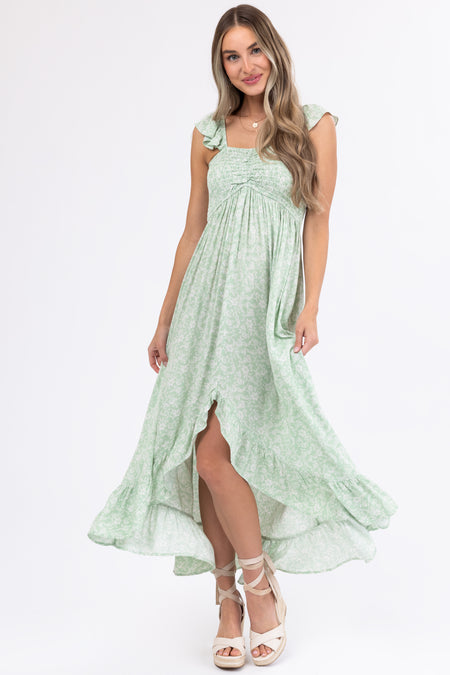 Sage Floral Print High Low Maxi Dress