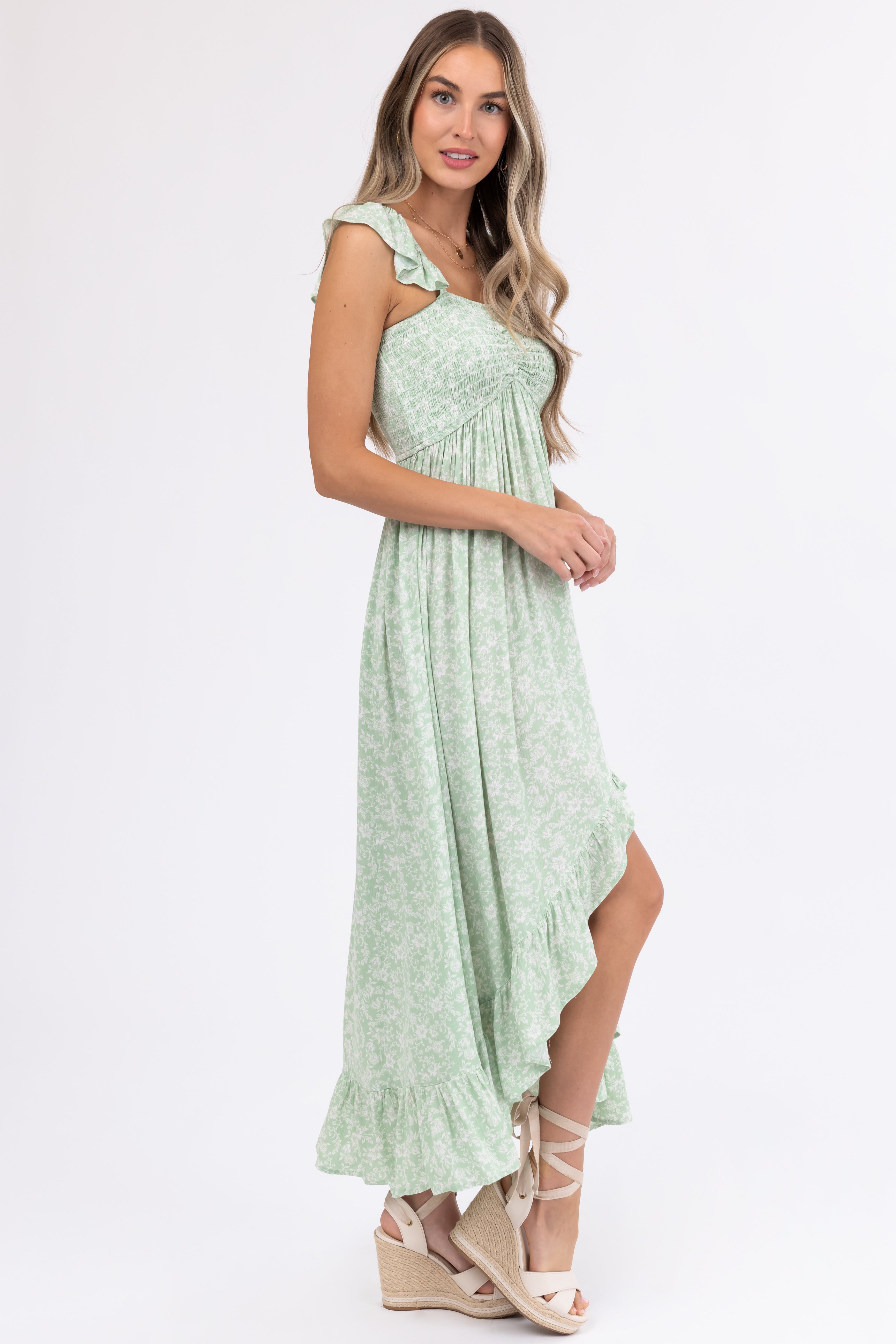 Sage Floral Print High Low Maxi Dress