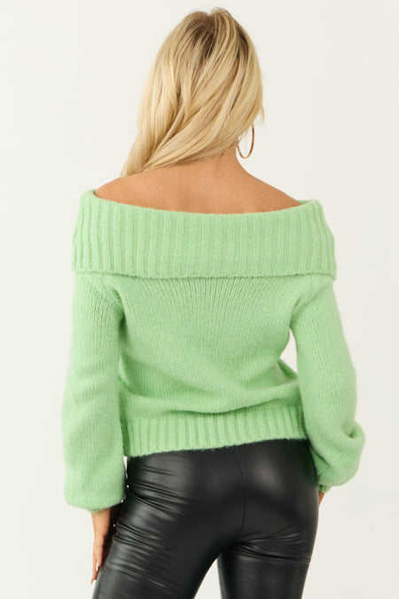 Lime Fold Over Off Shoulder Neckline Sweater