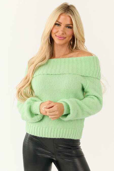 Lime Fold Over Off Shoulder Neckline Sweater