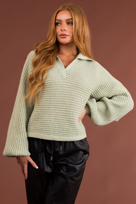 Sage High Collar V Neck Thick Knit Sweater