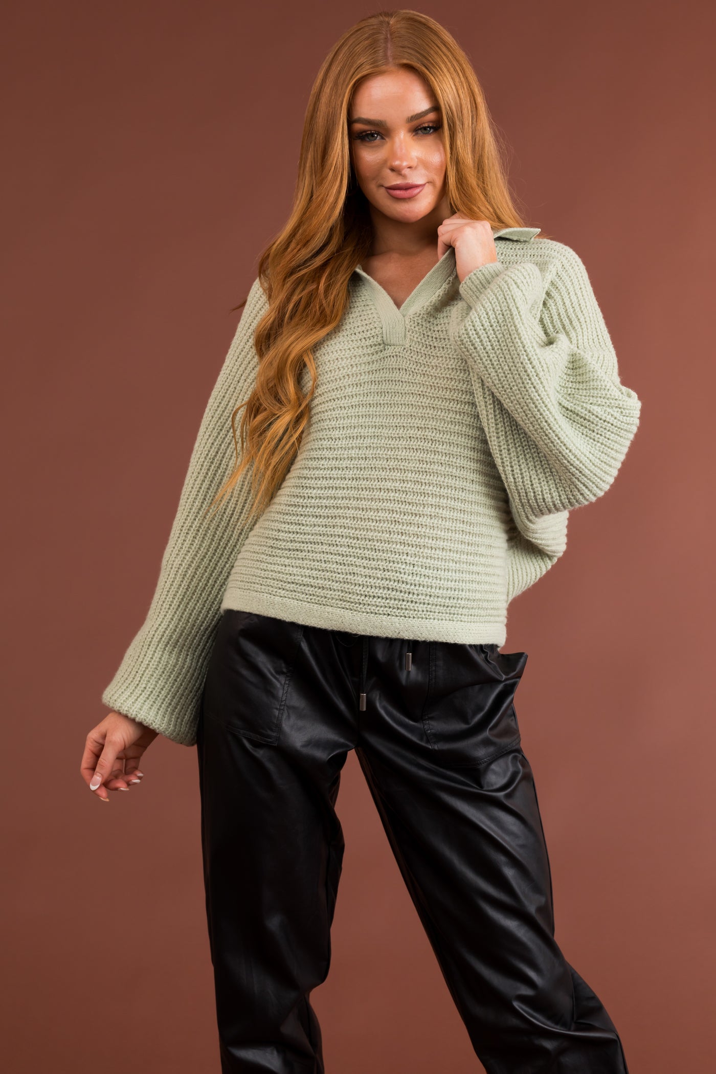 Sage High Collar V Neck Thick Knit Sweater