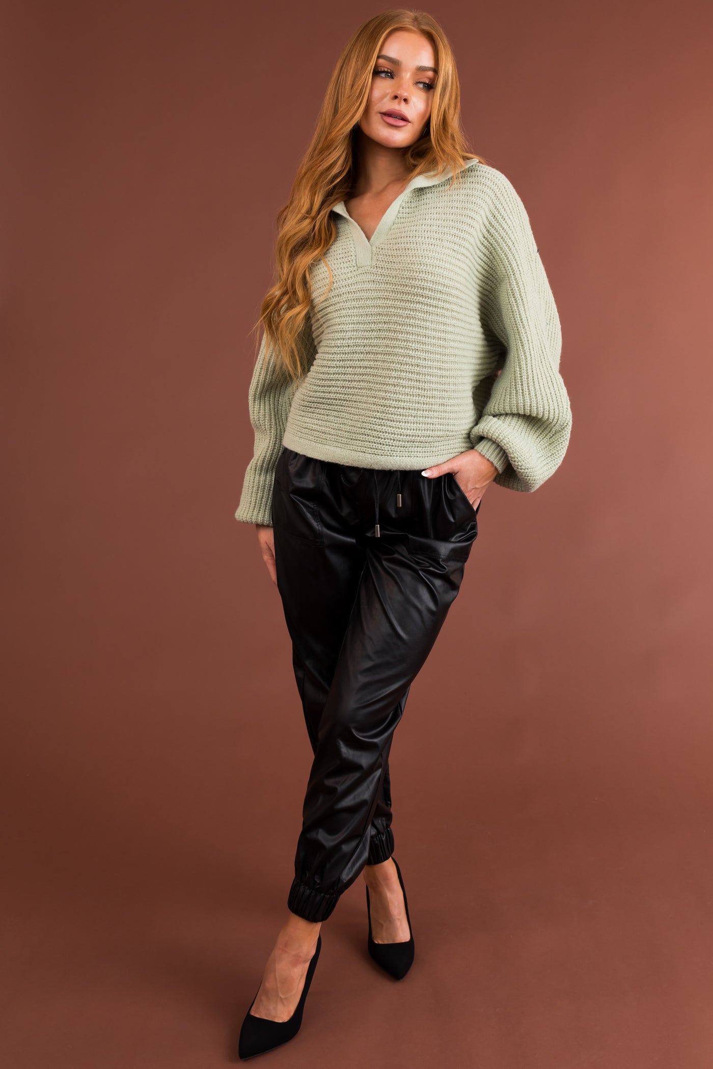 Sage High Collar V Neck Thick Knit Sweater