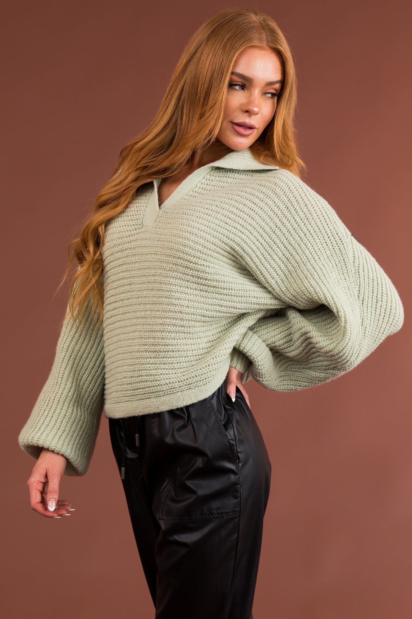 Sage High Collar V Neck Thick Knit Sweater