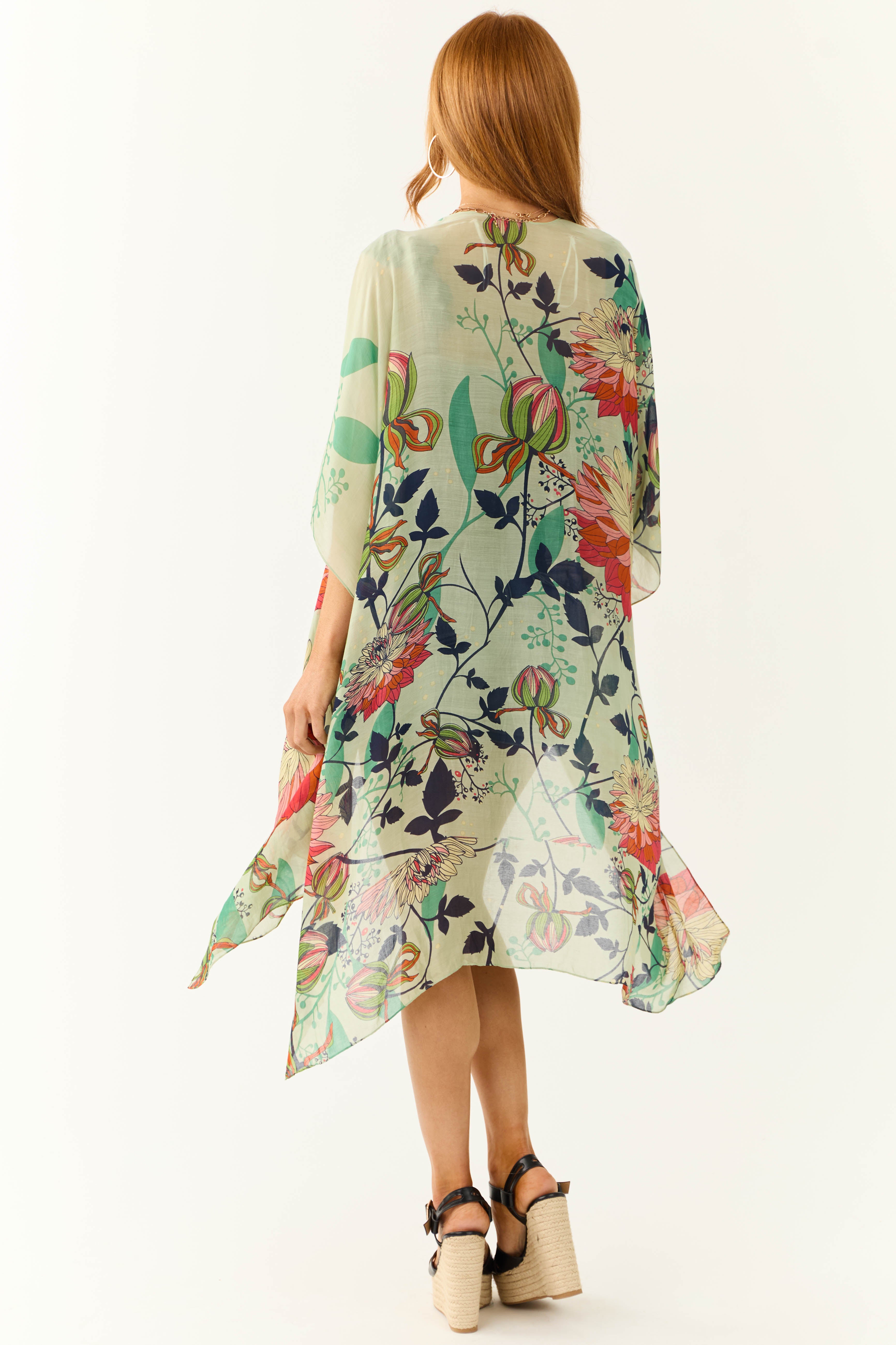 Sage Lightweight Floral Lotus Print Kimono