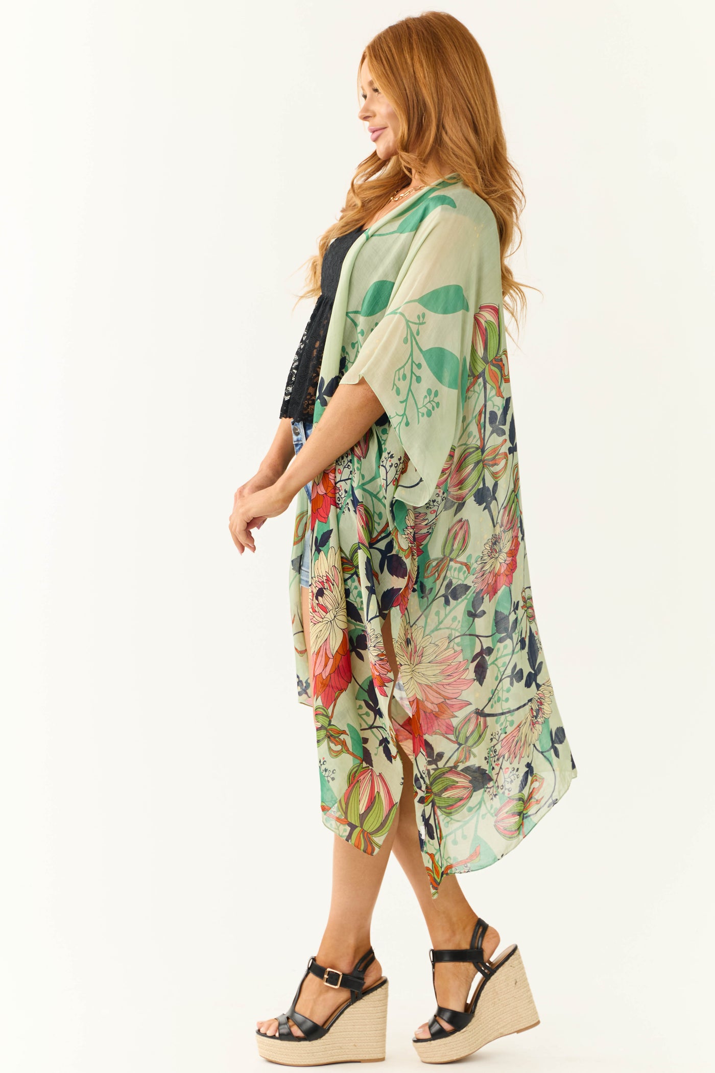 Sage Lightweight Floral Lotus Print Kimono