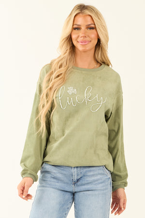 Sage 'Lucky' Pearl Embellished Corduroy Sweatshirt