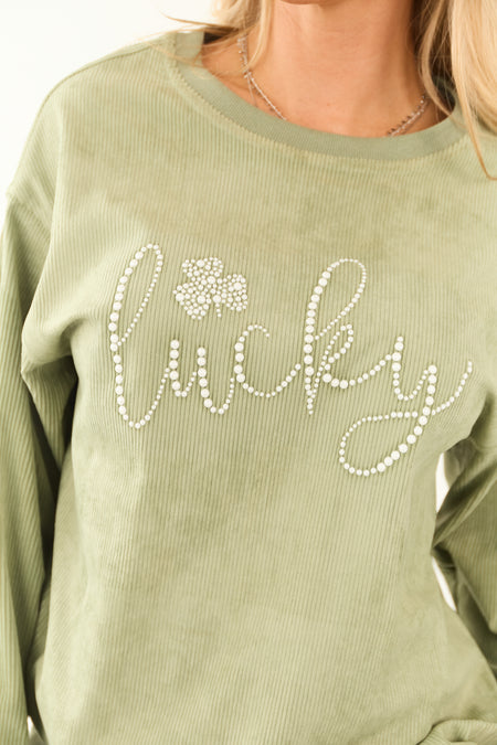 Sage 'Lucky' Pearl Embellished Corduroy Sweatshirt