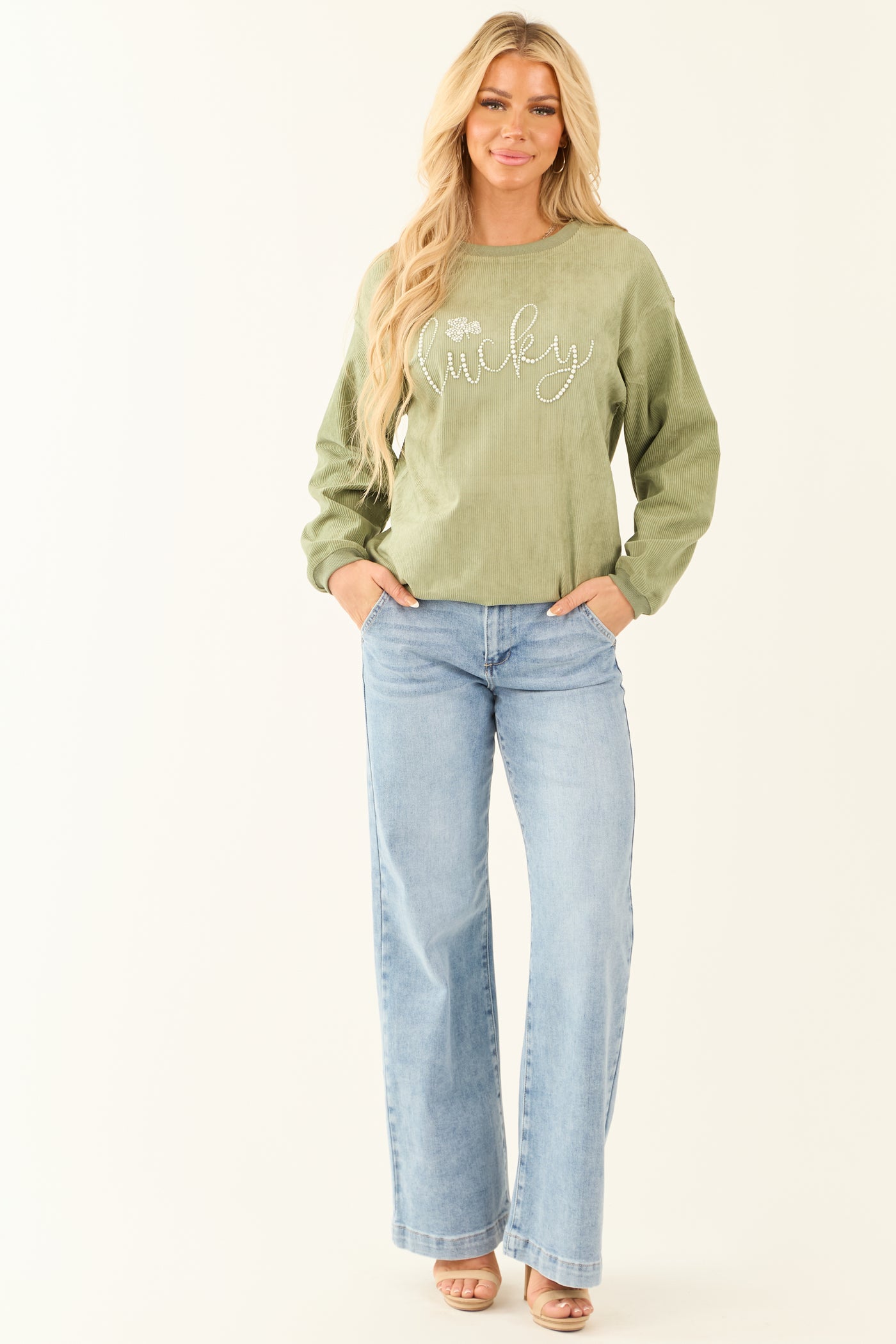 Sage 'Lucky' Pearl Embellished Corduroy Sweatshirt