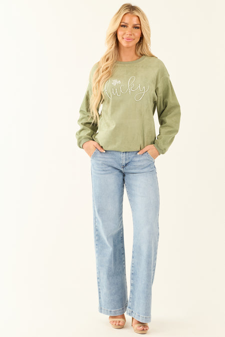 Sage 'Lucky' Pearl Embellished Corduroy Sweatshirt