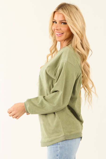 Sage 'Lucky' Pearl Embellished Corduroy Sweatshirt