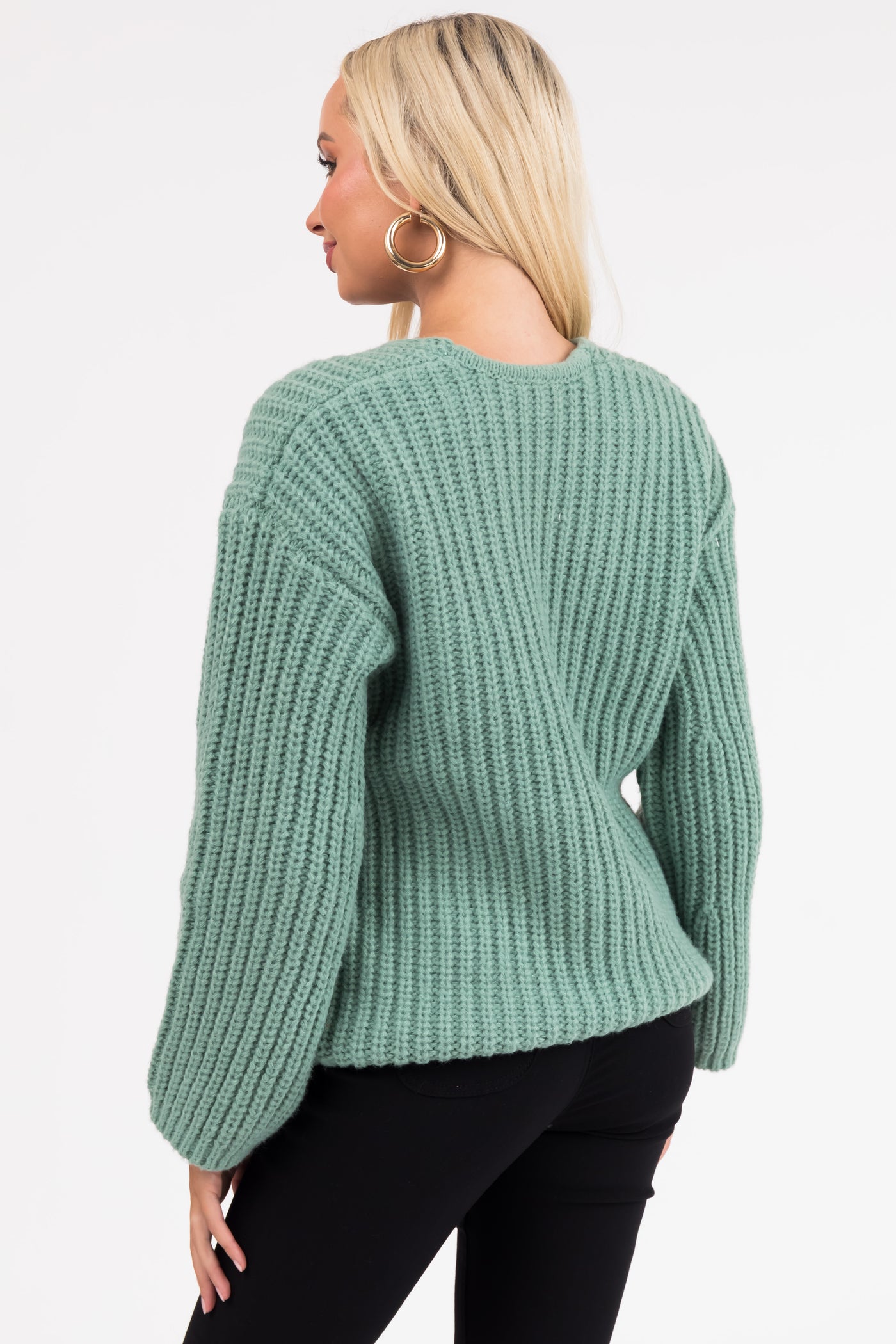 Sage V Neck Cozy Thick Knit Sweater