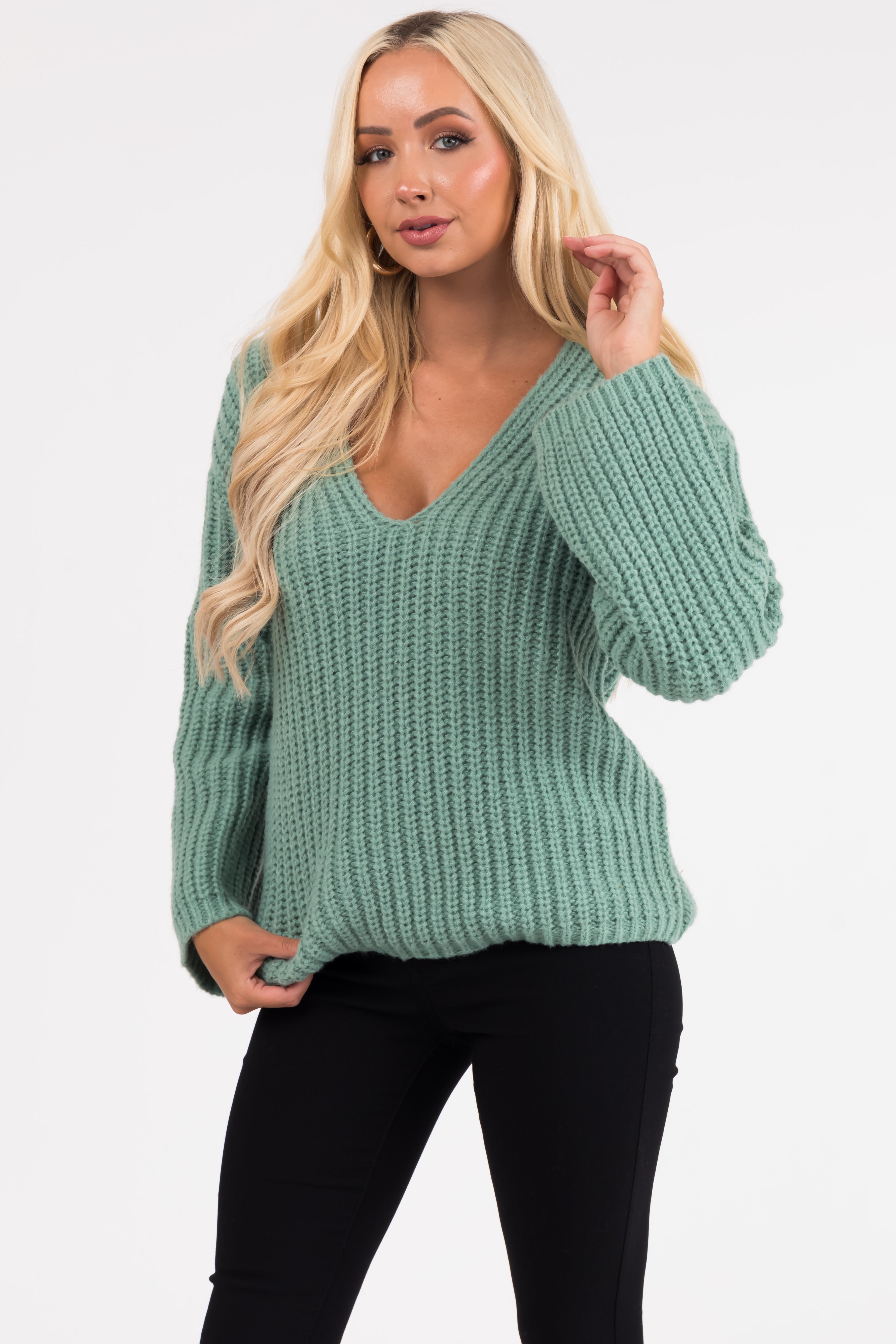 Sage V Neck Cozy Thick Knit Sweater