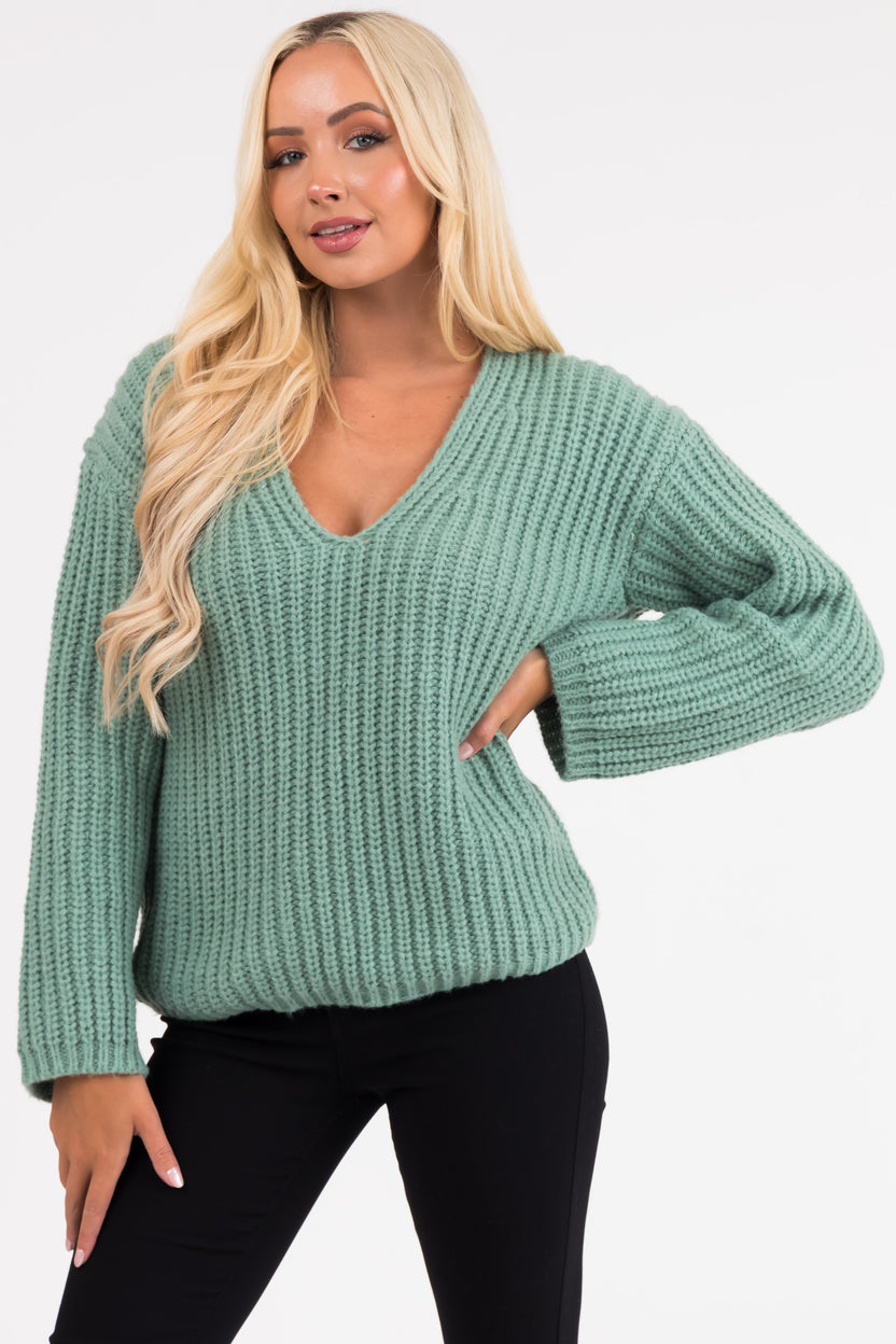 Sage V Neck Cozy Thick Knit Sweater