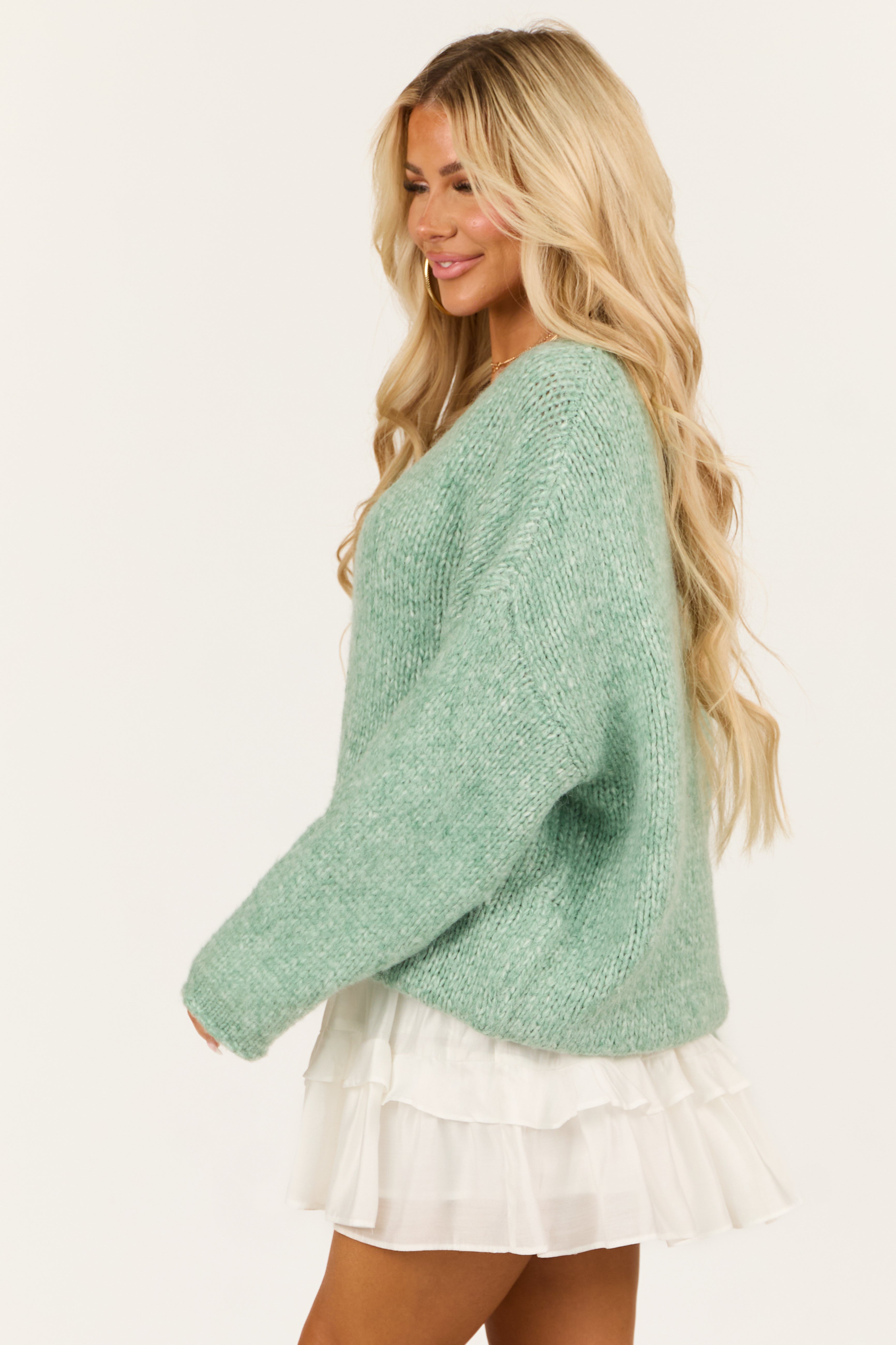 Sage V Neck Rib Knit Oversized Cozy Sweater