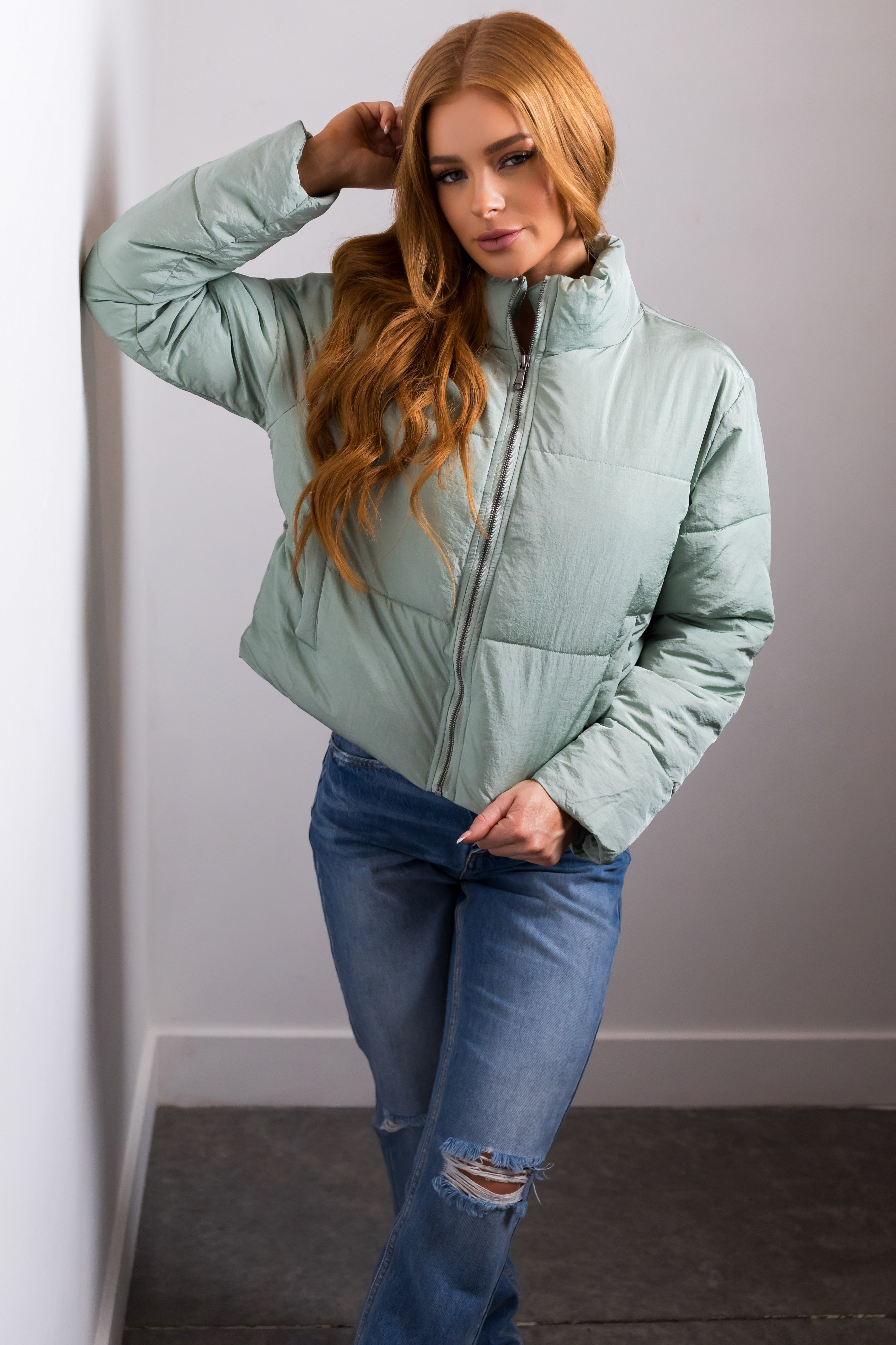 Sage Zip Up Quilted Puffer Jacket with Sheen | Lime Lush