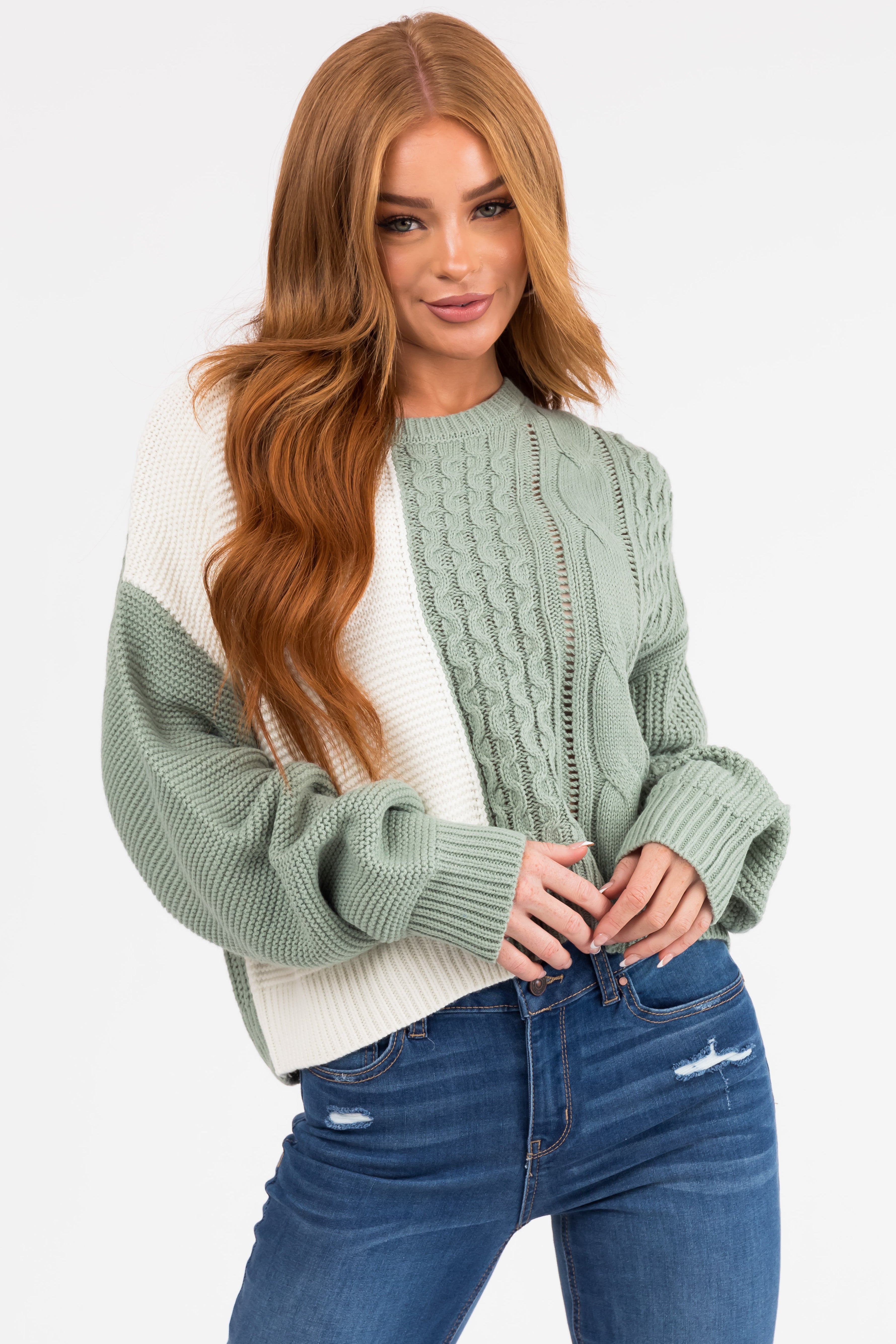 Sage and Ivory Colorblock Cable Knit Sweater | Lime Lush