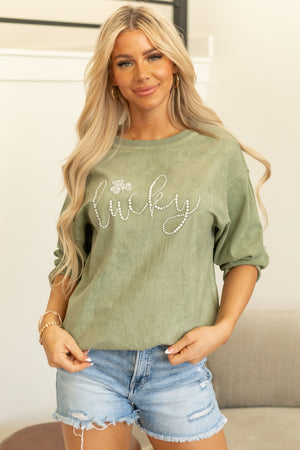 Sage 'Lucky' Pearl Embellished Ribbed Sweatshirt