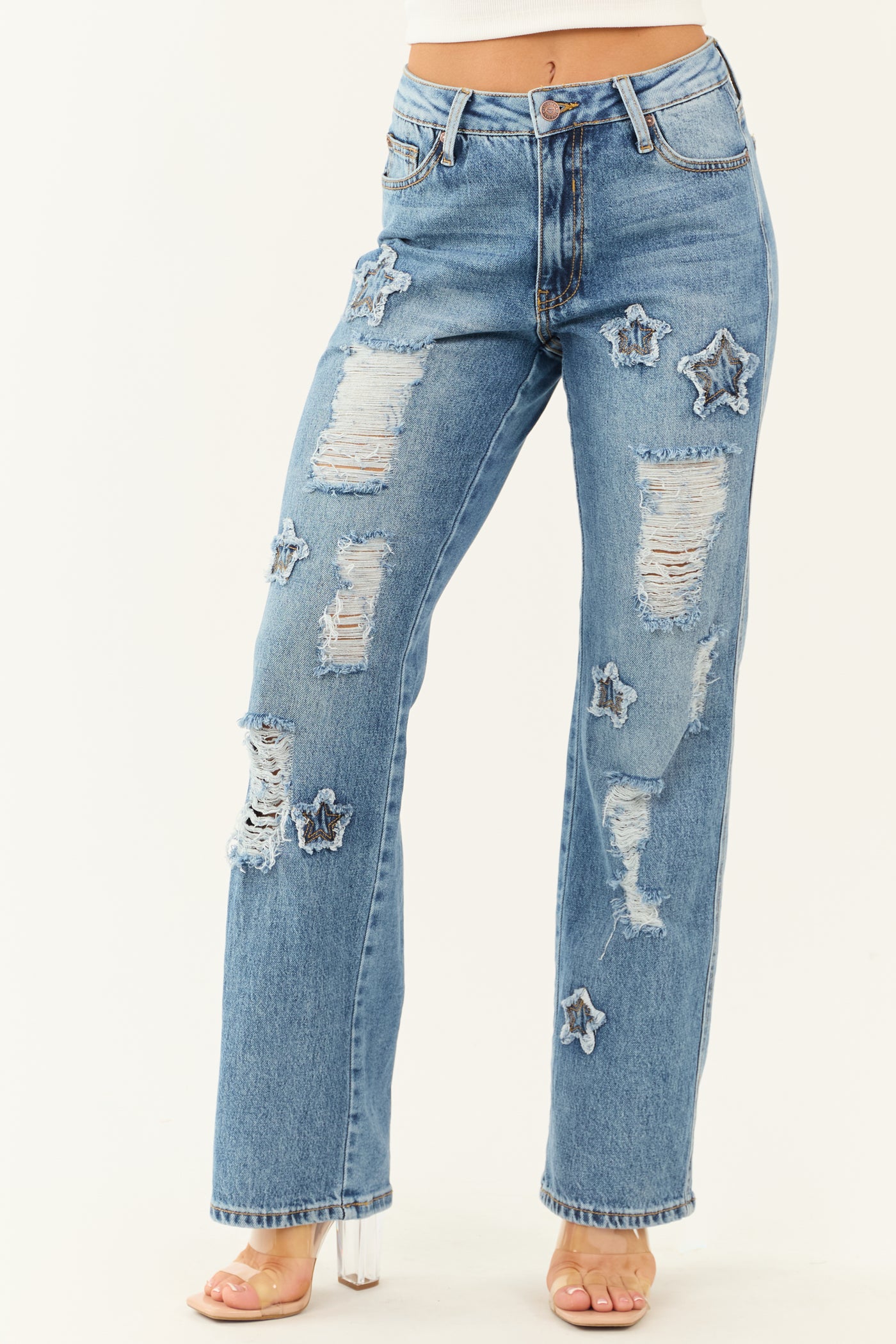 Saige Medium Wash Distressed Star Dad Jeans