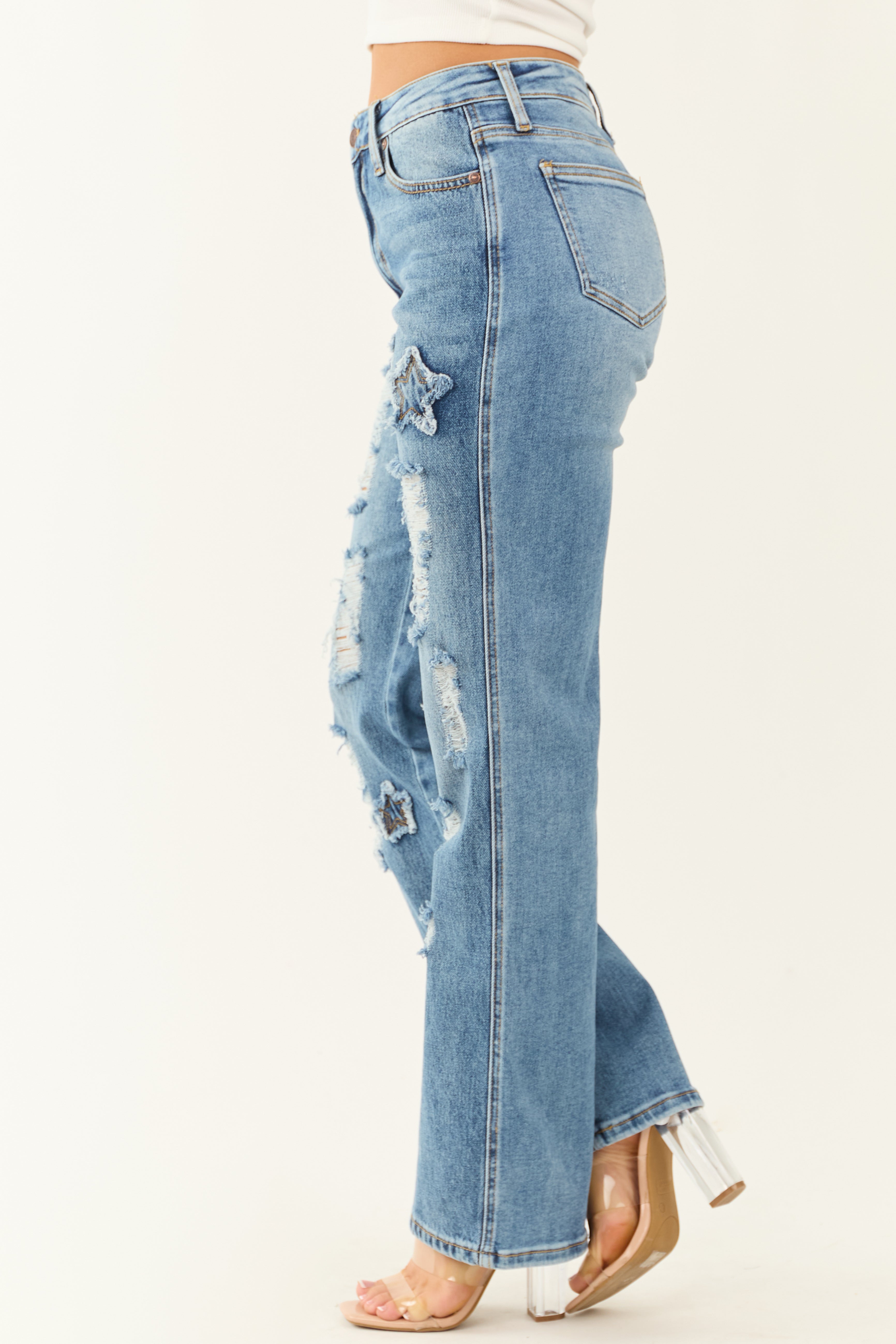 Saige Medium Wash Distressed Star Dad Jeans