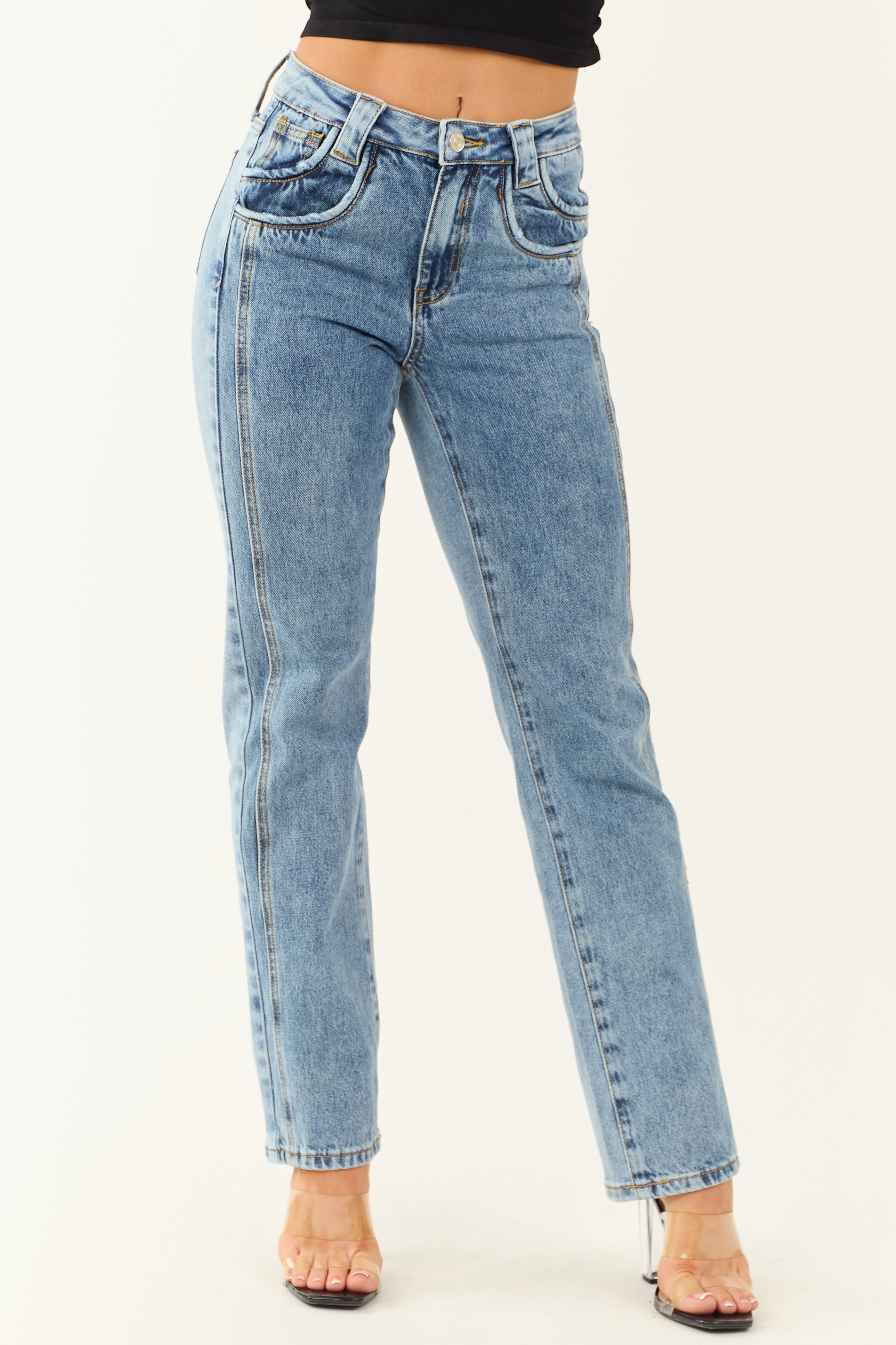 Saige Medium Wash Straight Leg High Waist Jeans