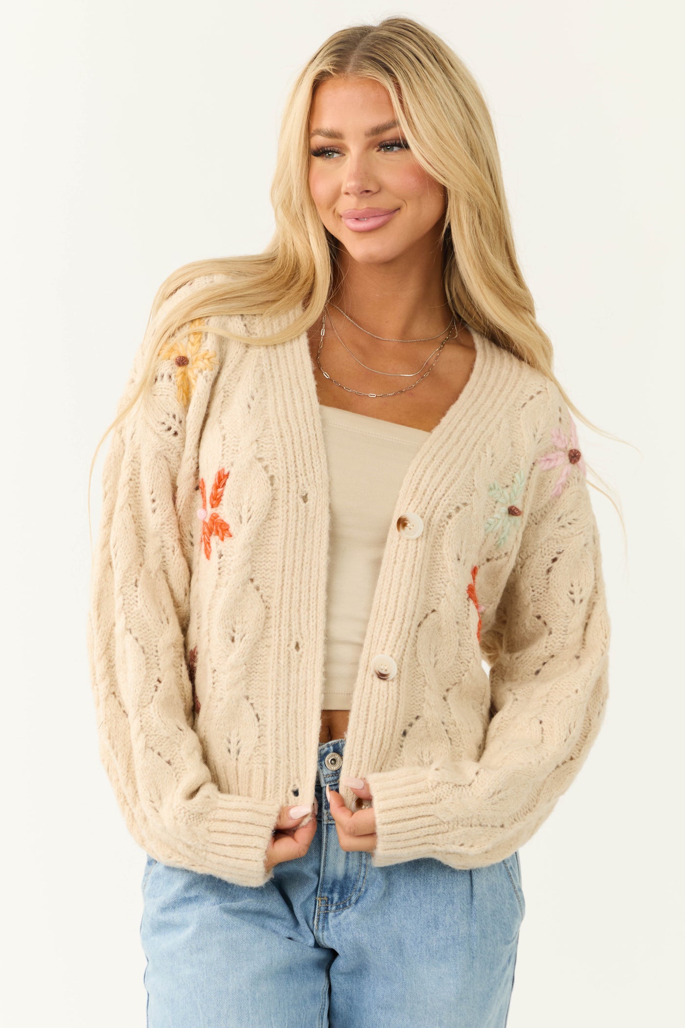 Sand Button Down Floral Embroidered Cardigan