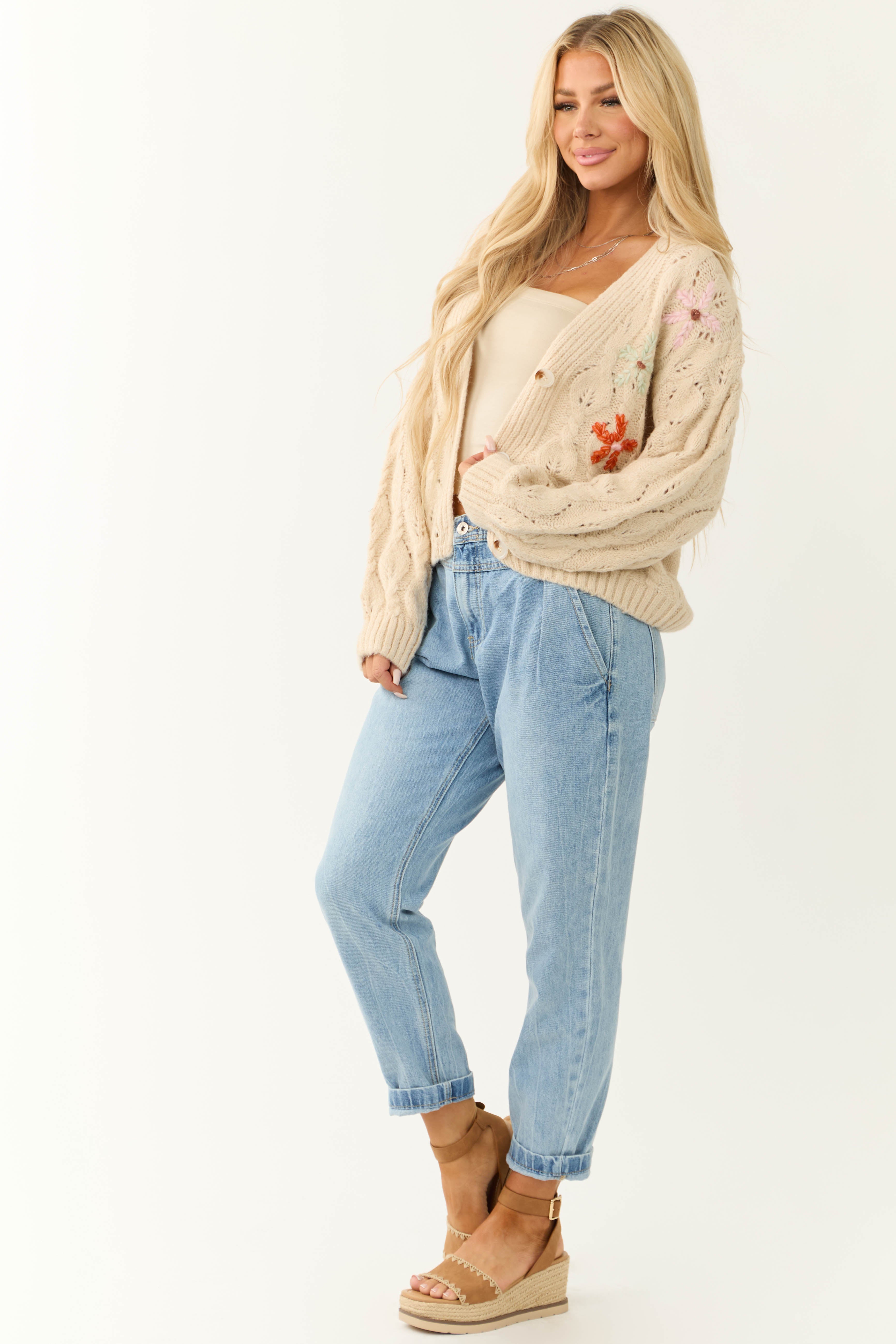 Sand Button Down Floral Embroidered Cardigan